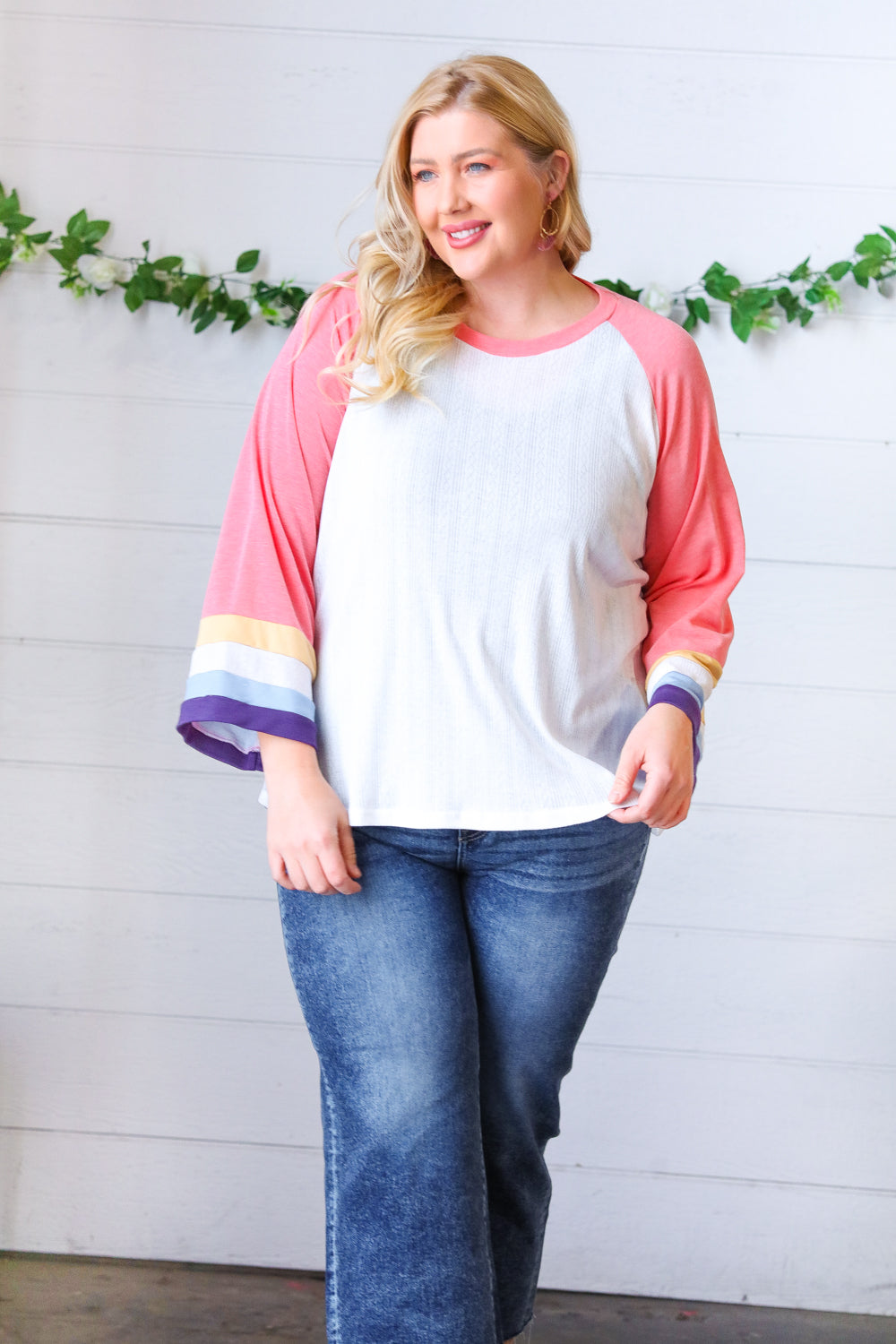 Stylish Pink Pointelle Color Block Wide Sleeve Pullover Sweater | Women's Fashion Knit Top | Perfect for Casual Outings & Layering
