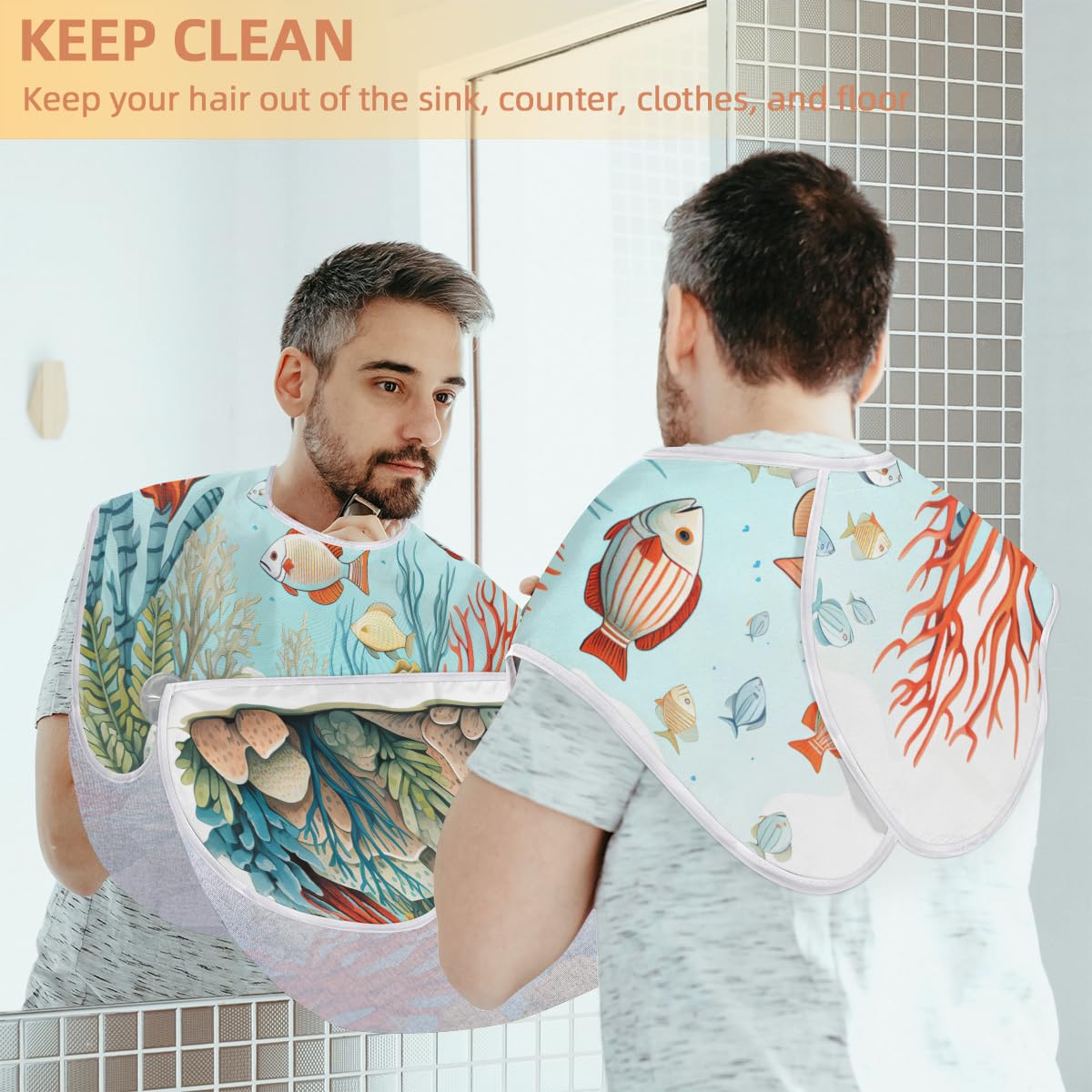 Cartoon Ocean Fish Beard Shaving Bib for Men - Waterproof Hair Dye Apron & Barber Cape for Haircut, Beard Trimming & Makeup - Sink Hair Catcher & Grooming Accessory (Great Gift for Barbers & Stylists) - Perfect for Home Haircuts, Salon Use & DIY Grooming