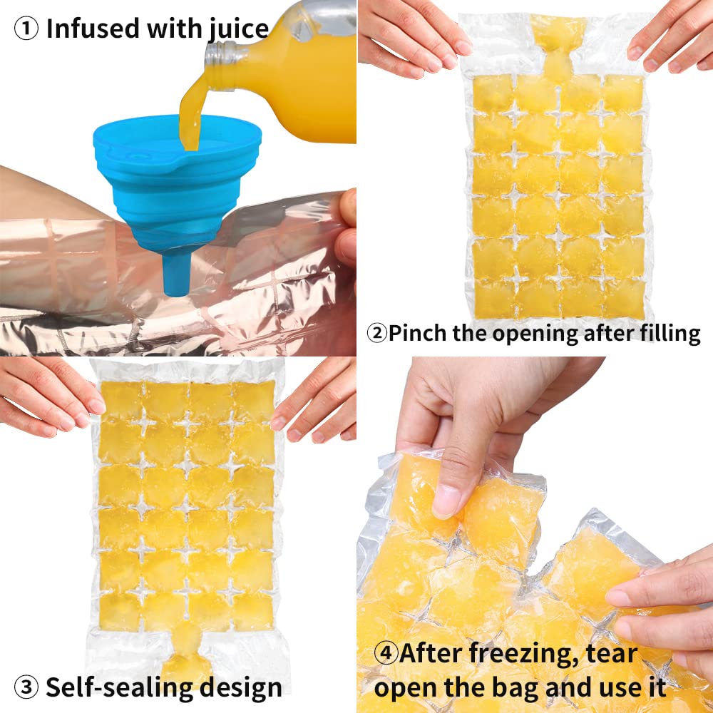 100 Pack Disposable Ice Cube Bags with Self-Sealing - Reusable Freezer Bags for Easy Ice Making, Includes 1 Collapsible Silicone Funnel - Perfect for Parties, Camping, and Home Bars