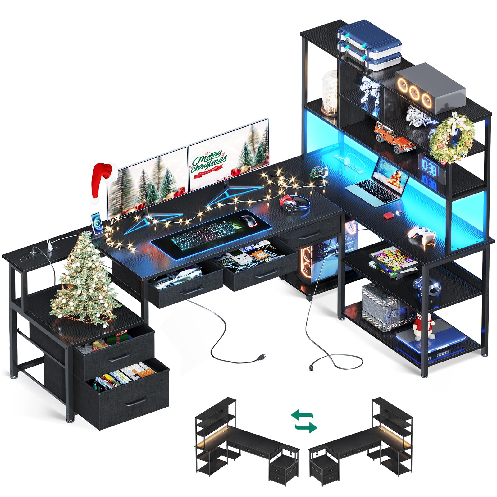 AODK 79 Inch Black L-Shaped Gaming Desk with Power Outlets, LED Lights & Storage Shelves - Reversible Computer Desk with File Drawers for Home Office & Gaming Setup - Perfect for Small Spaces, Streaming & Work From Home