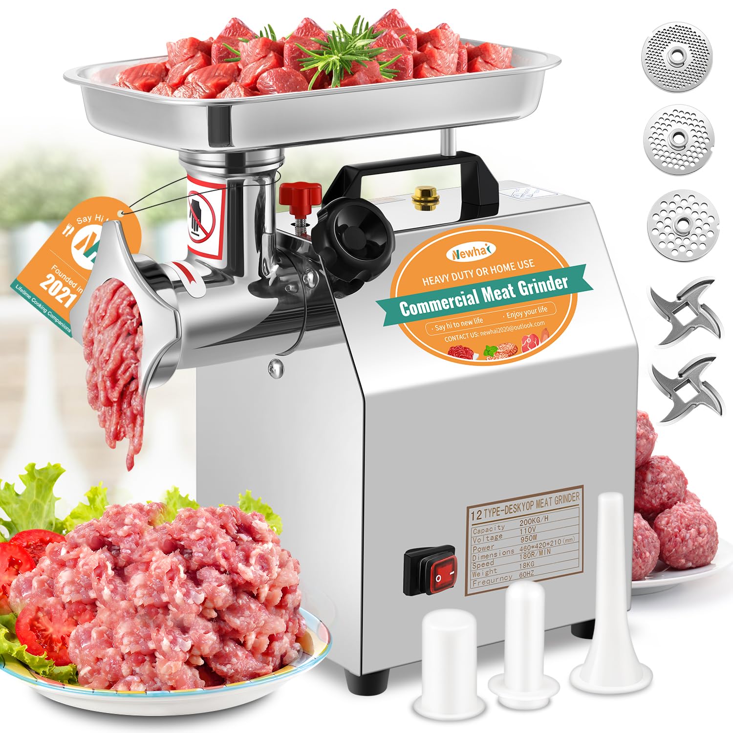 950W Commercial Electric Meat Grinder - Heavy Duty Industrial Meat Mincer & Sausage Stuffer with 3/6/8mm Plates - 1.3HP 110V for Restaurants & Butchers - Grinds Chicken Bones & Beef - Perfect for Professional Kitchens, Delis & Home Butchering