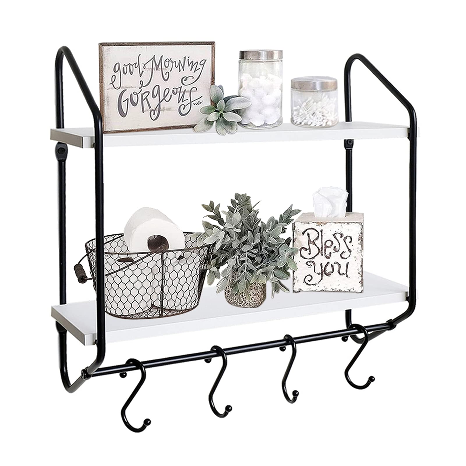 White Floating Wall Shelf with Towel Bar Hooks - 16 Inch Bathroom Storage Shelf for Towels, Toiletries & Decor - Perfect for Small Spaces, Vanity Organizer, Modern Home & Apartment Decor