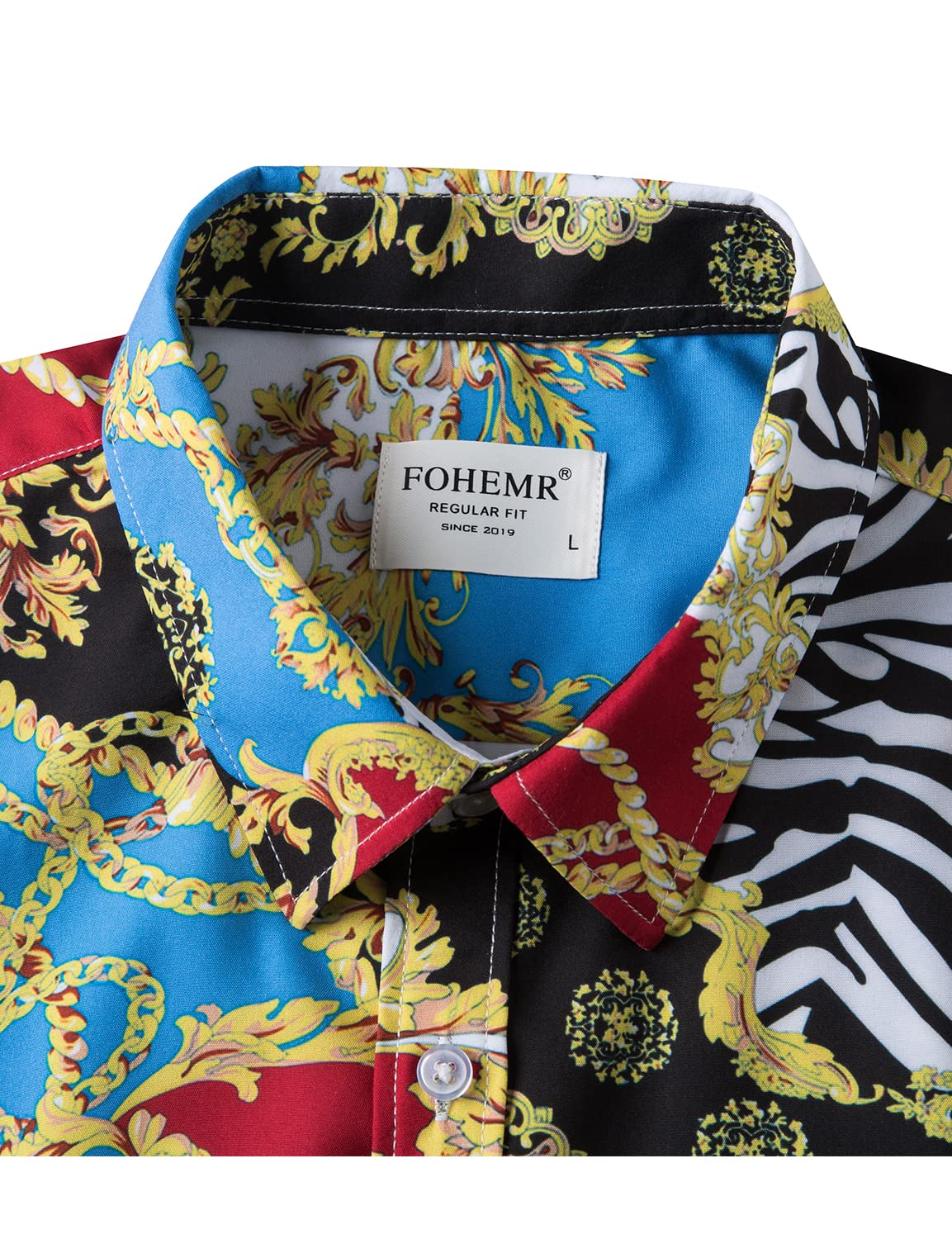 Luxury Men's Black & Gold Baroque Chain Print Short Sleeve Dress Shirt - Formal & Casual Button Down Shirt for Office, Party & Special Occasions