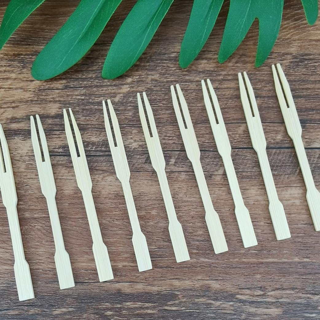 300 Pack Bamboo Forks - Eco-Friendly Disposable Cutlery Set with Two Prongs, Blunt End Skewers & Mini Cocktail Forks | Perfect for Parties, Banquets, Catering, Picnics, BBQs & Everyday Use | Sustainable Wooden Toothpicks for Fruit, Appetizers & Food Tasting