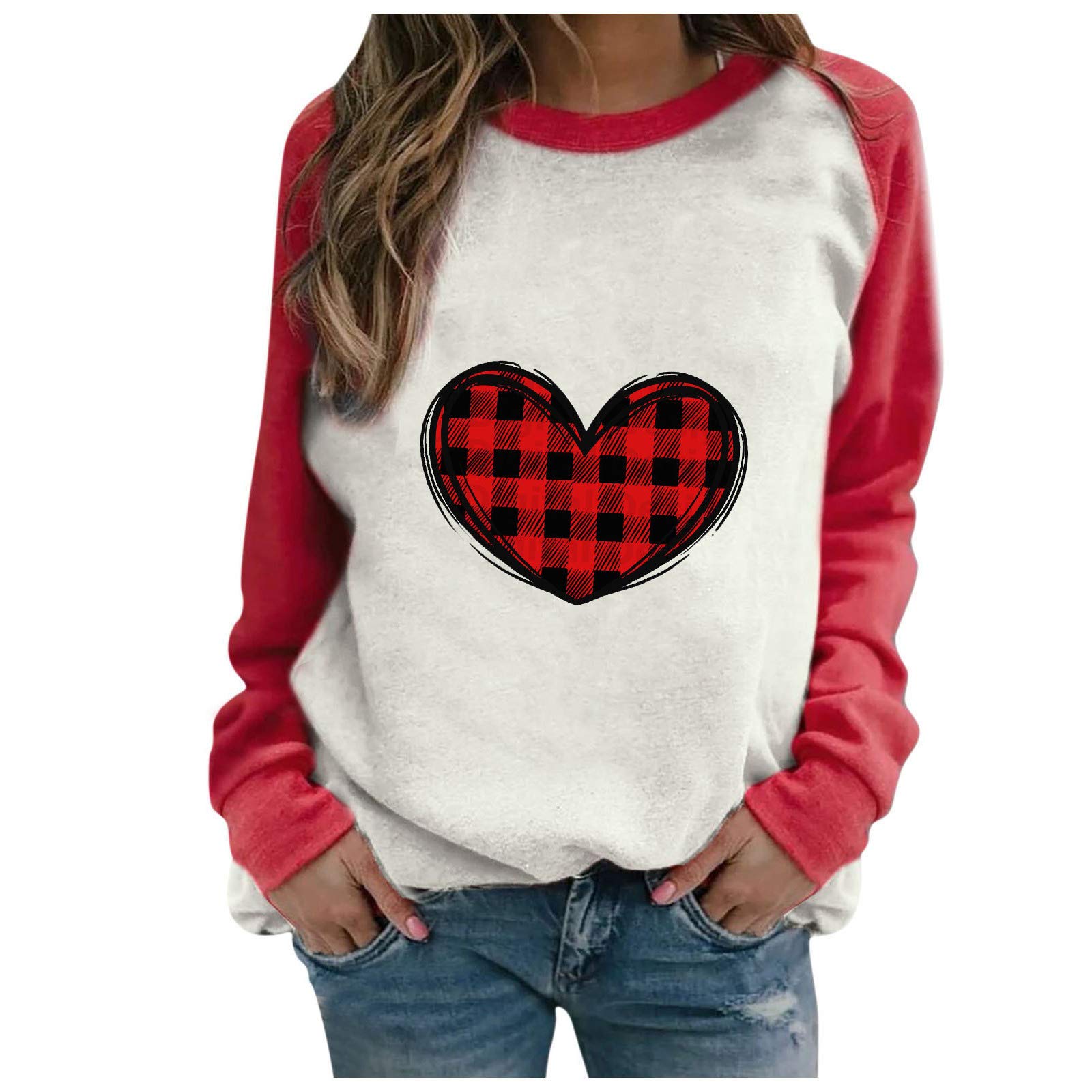 Valentine's Day Heart Print Long Sleeve Sweatshirt for Women - Cute Romantic Blouse & Casual T-Shirt Top - Perfect for Date Night, Gift Giving & Winter Fashion