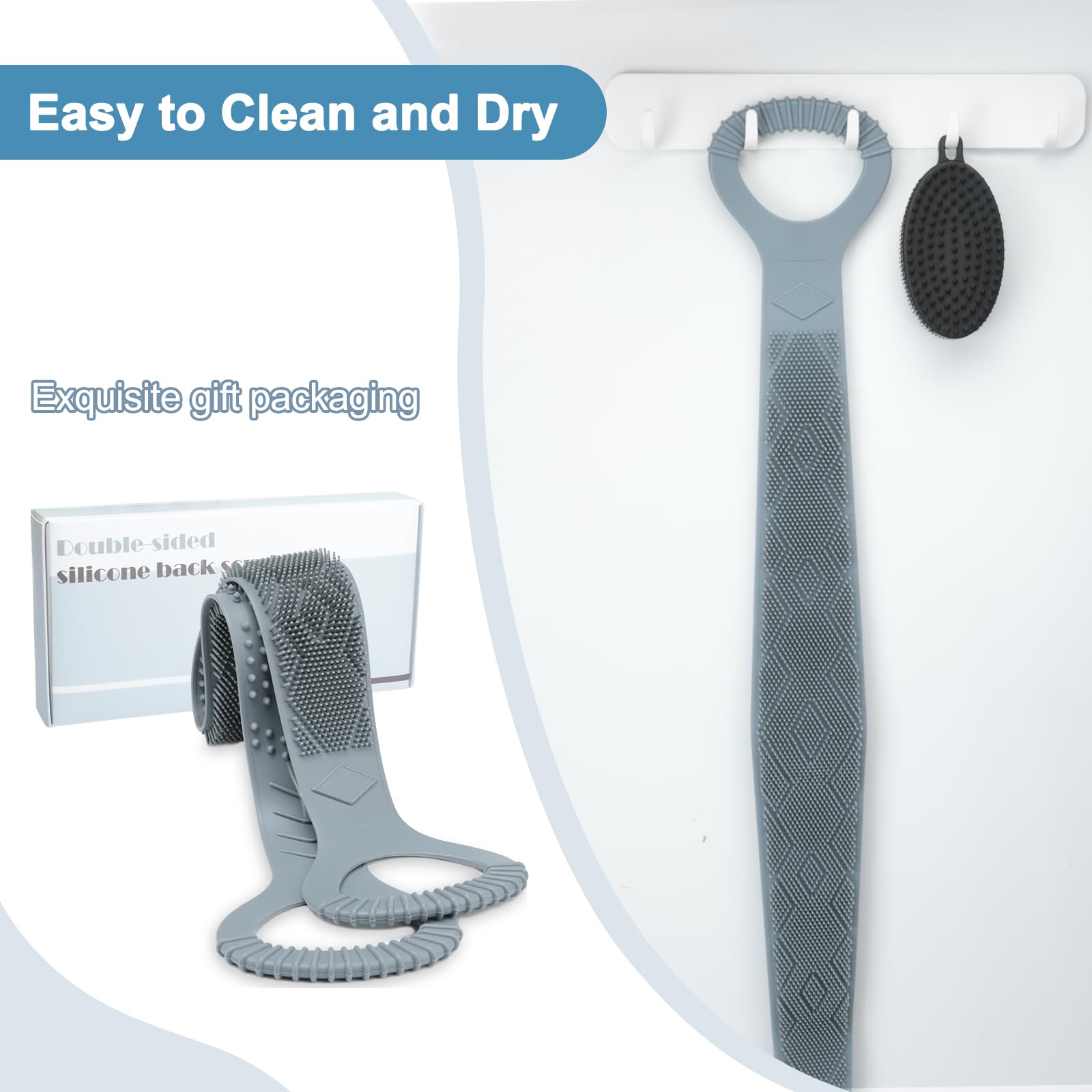 Dual-Sided Silicone Back Scrubber for Men & Women - 36 Inch Exfoliating Shower Brush with 100% Back Coverage for Deep Cleaning, Massage & Skin Renewal | Hygienic, Durable & Easy to Clean (Grey) - Perfect for Shower, Bath & Spa Relaxation
