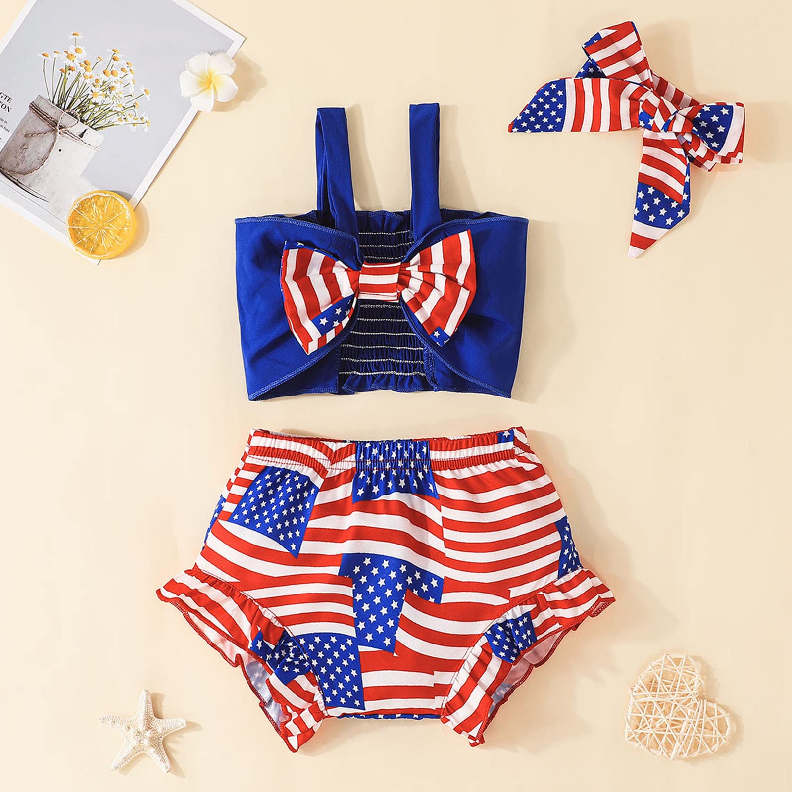 4th of July Baby Girl Outfits - Patriotic Sleeveless Striped Vest & Shorts Set with Bowknot Headband | Independence Day Photoshoot, Family BBQ, Holiday Celebration