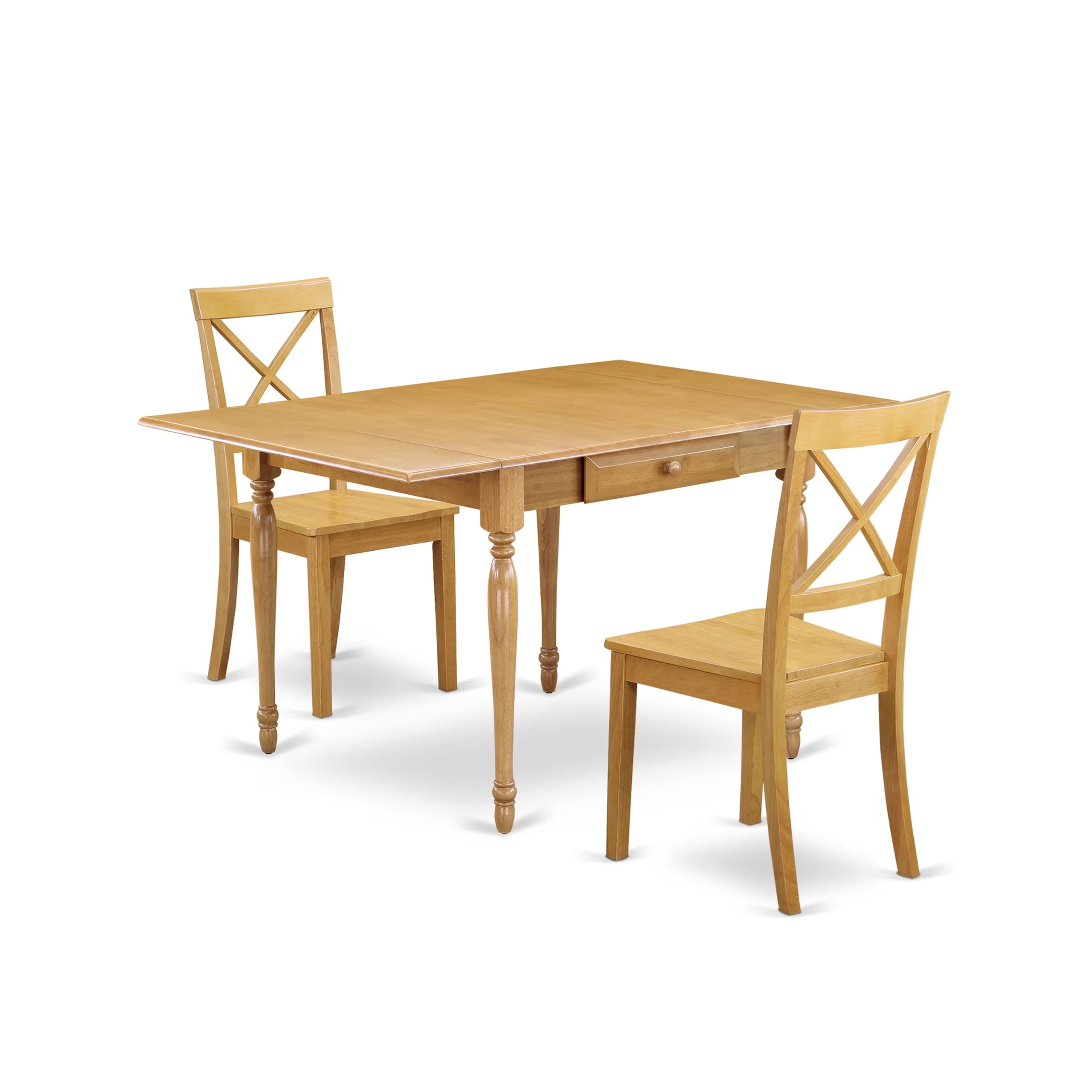 East West Furniture MZBO3-OAK-W 3-Piece Oak Kitchen Table & Chairs Set with Drop-Leaf Dining Table (36x54 Inch) and 2 Solid Wood Chairs - Perfect for Small Dining Rooms, Breakfast Nooks & Cozy Kitchens