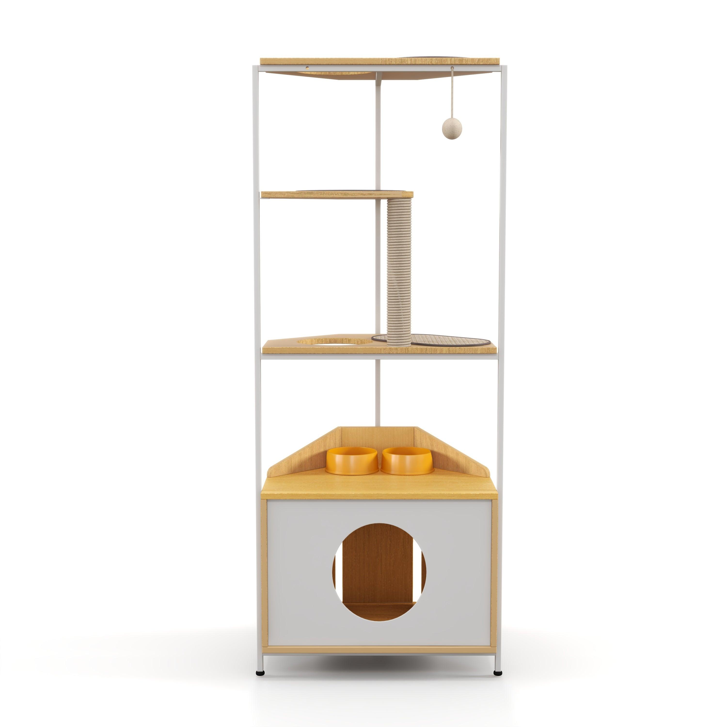 Premium Cat Tree with Scratching Post & Climbing Platforms - Multi-Level Cat Condo with Feeding Station - Sturdy Corner Cat Tower for Indoor Cats - Perfect for Play, Rest & Feeding in Small Spaces