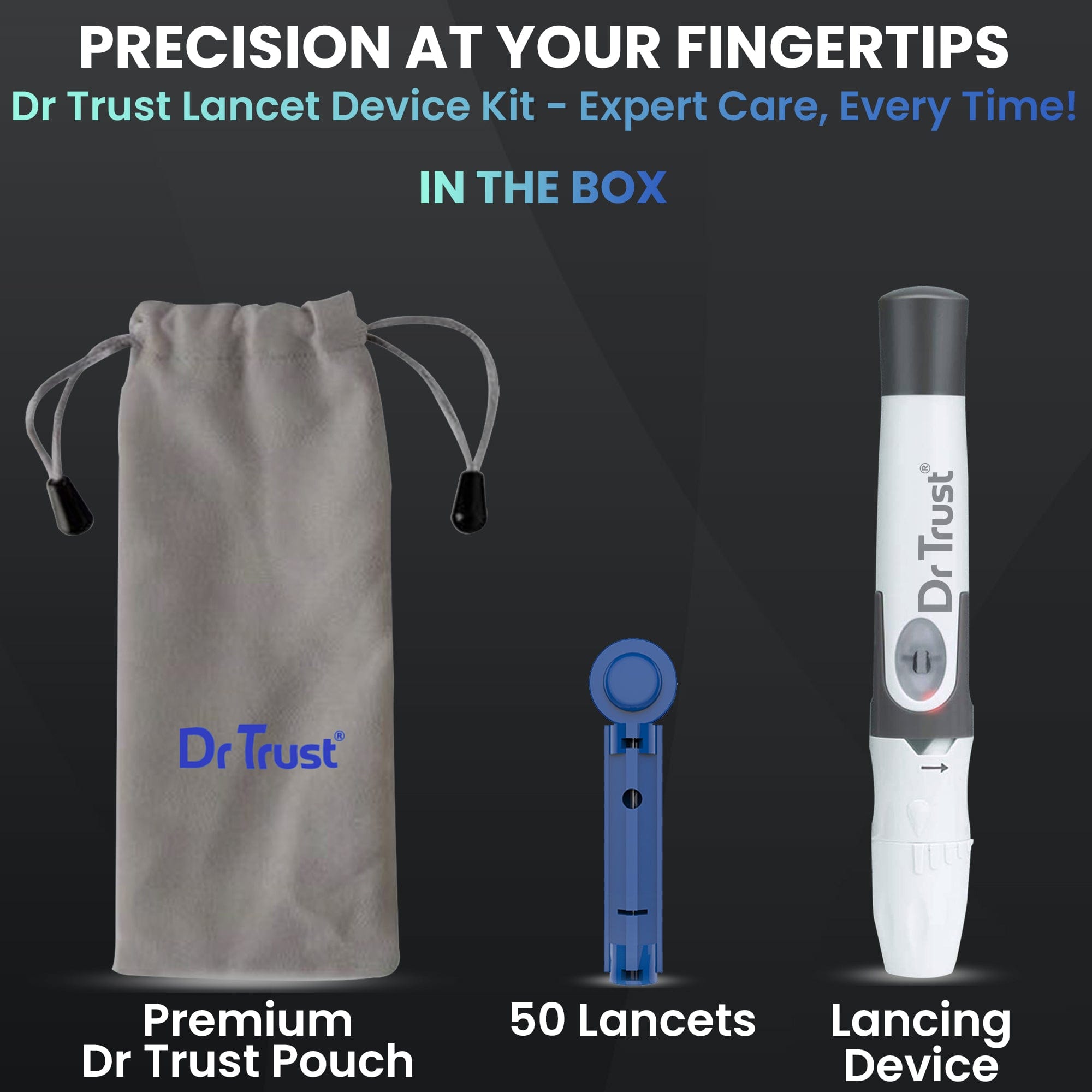 Dr Trust USA Diabetic Lancing Device Pen & 50 Round Lancets 9007 - Universal Compatibility with All Glucose Meters - Pain-Free Blood Sugar Testing for Home & Travel Use