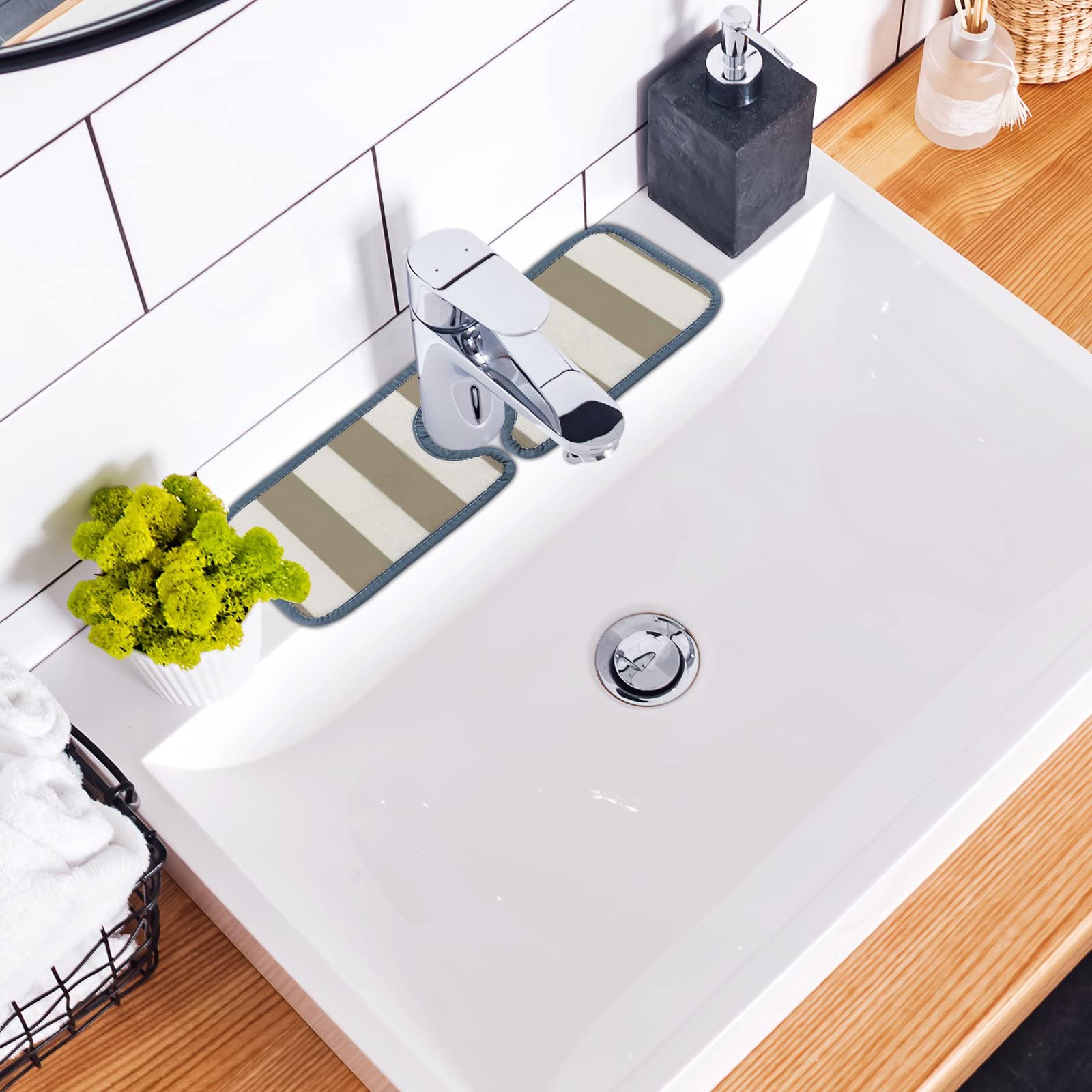 Non-Slip Striped Geometric Sink Faucet Mat - 4 Pack Absorbent Splash Guard Pads for Kitchen, Bathroom, RV - Waterproof Countertop Protector Prevents Stains & Spills | Perfect for Cooking, Washing Dishes & RV Travel