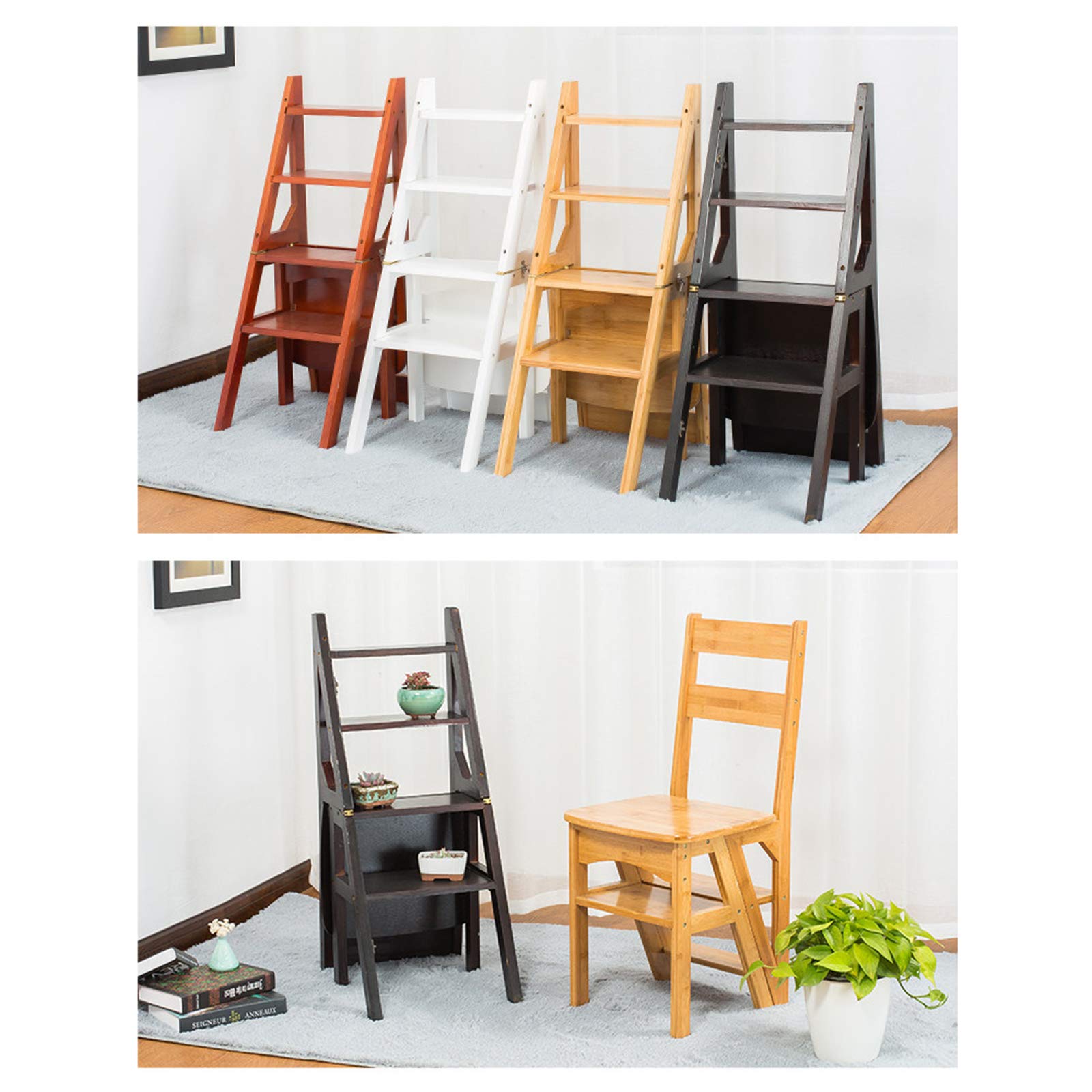 Multi-Purpose Wooden Step Stool Ladder - Foldable Chair for Home, Decorative 4-Step Stool for Kitchen, Bathroom & Storage Use
