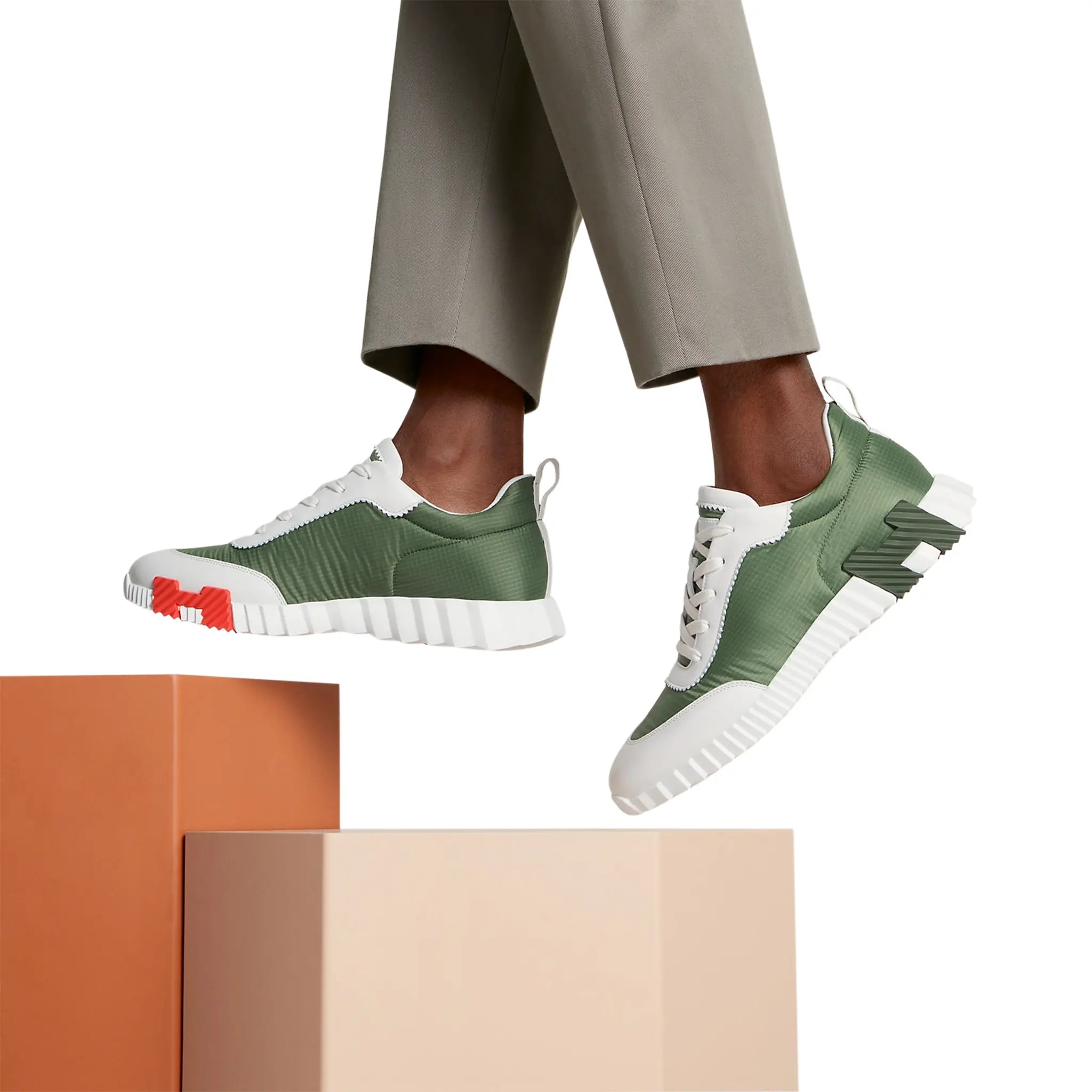 Hermès Paris Ripstop Bouncing Sneakers - Matcha White & White Luxury Athletic Shoes for Men | Comfortable Running, Gym Workout & Casual Streetwear Fashion