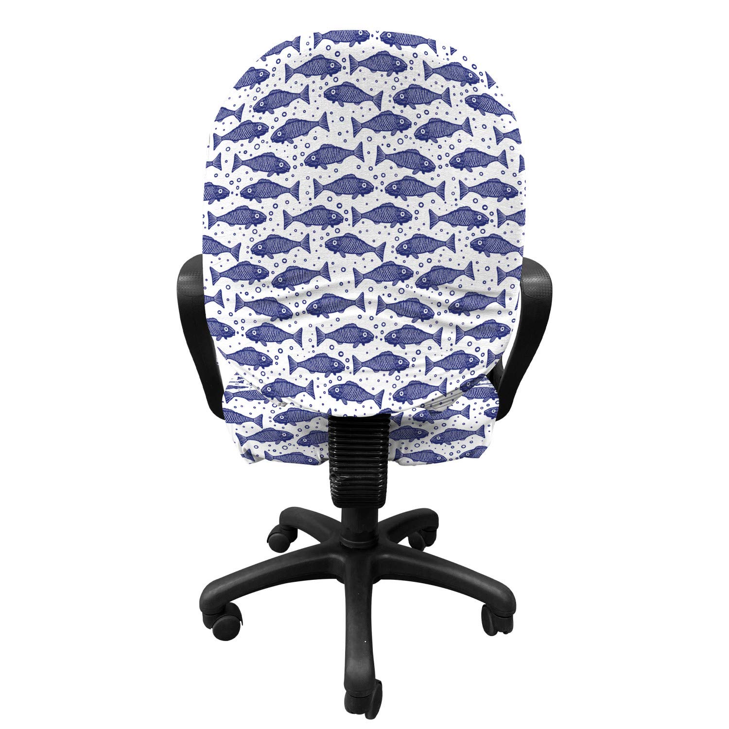 Ambesonne Nautical Office Chair Slipcover - Monochrome Hand-Drawn Fish Pattern with Minimal Bubbles, Stretch Fabric Chair Cover in Violet Blue & White | Perfect for Home Office, Gaming Chair, or Dining Room Decor