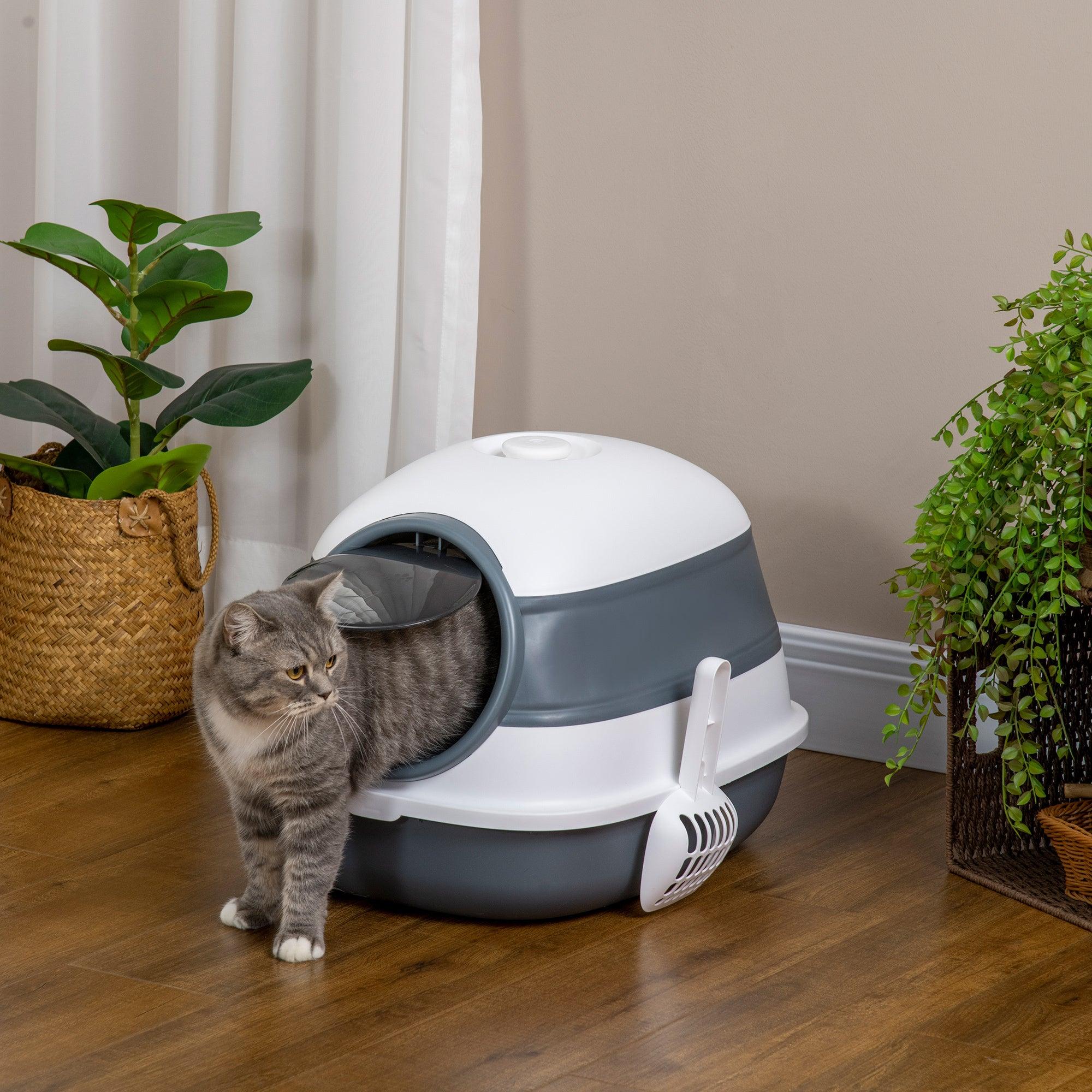 Premium Covered Cat Litter Box with Lid - High Sides & Built-in Air Freshener - Large Dual Entry Foldable Design - Easy to Clean in White & Gray - Perfect for Small Spaces & Odor Control at Home