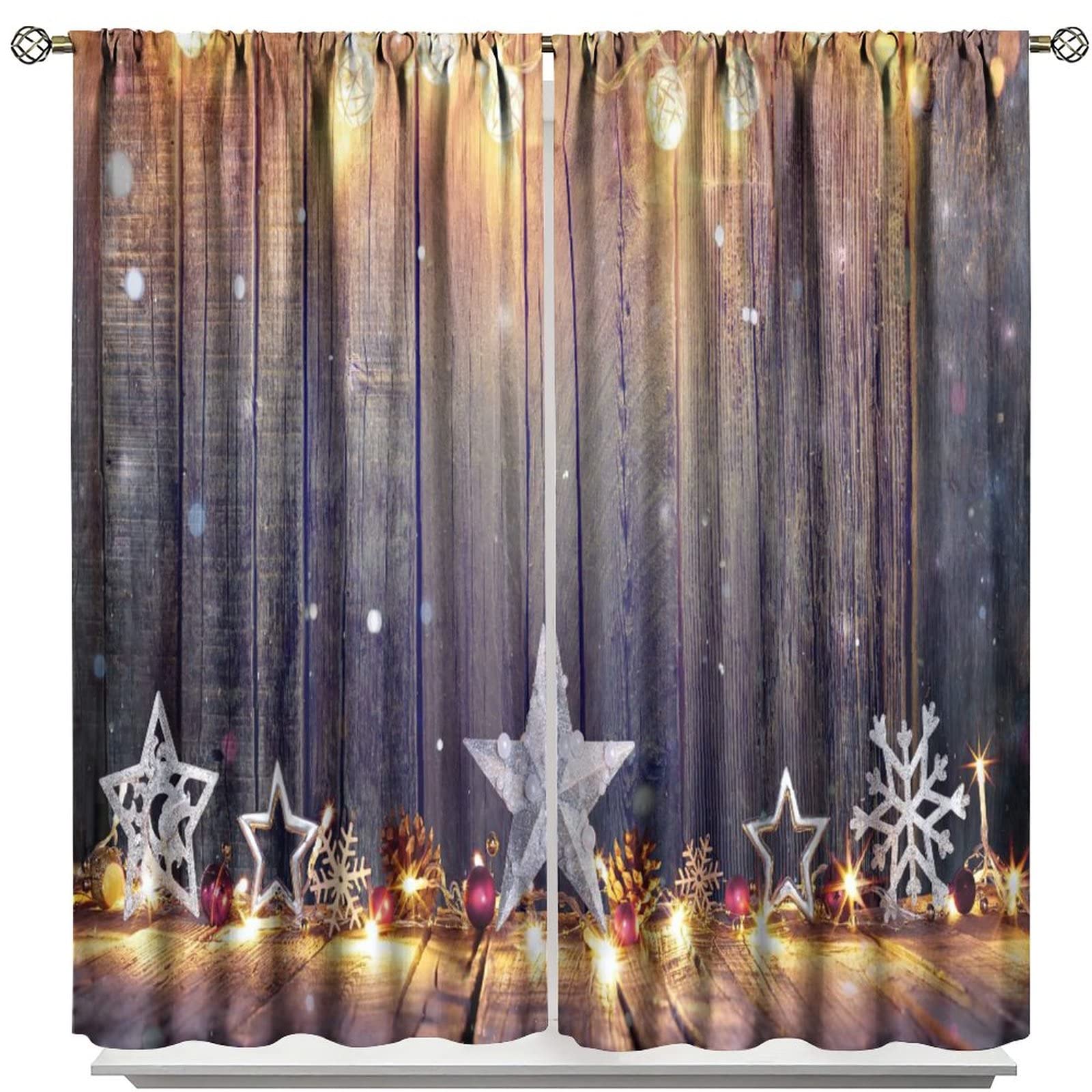 GGC Christmas Curtains - Vintage Wooden Board Background with Xmas Stars & Lights, Holiday Ball Ornaments Curtain Panel for Living Room, Home Office - 42x63 inches (107x160cm) - Perfect for Holiday Home Decor, Christmas Party Backdrop & Festive Window Display