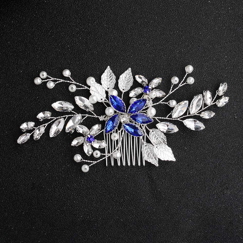 Blue Bridal Leaf Hair Comb - Handmade Wedding Tiara for Bride - Perfect for Prom & Headdress