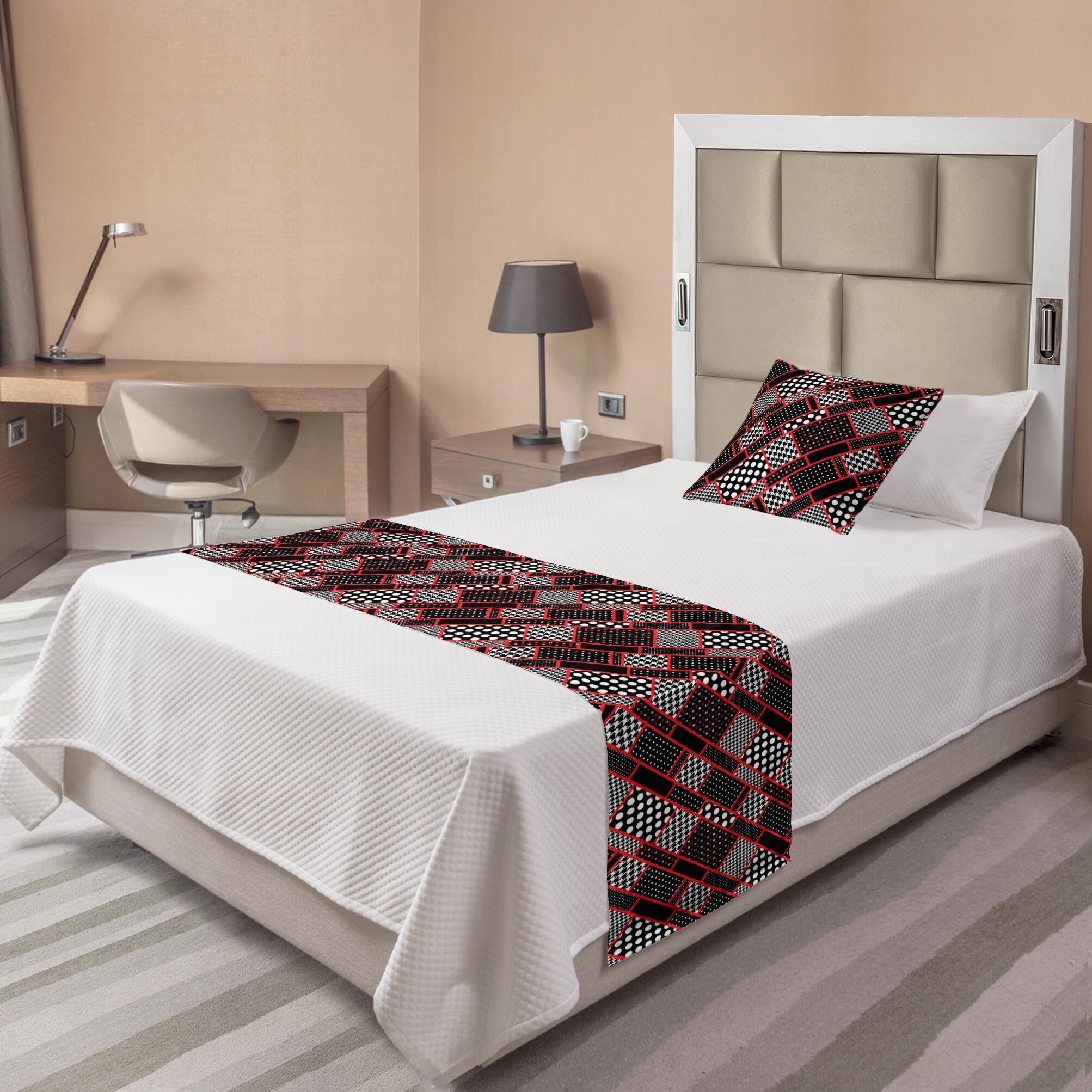 Ambesonne Geometric Bed Runner Set with Retro Patterns - Polka Dots & Houndstooth Design, Decorative Bed Scarf & Pillow Sham for Twin Bed - Scarlet, White & Black | Perfect for Hotels, Homes & Bedroom Decor