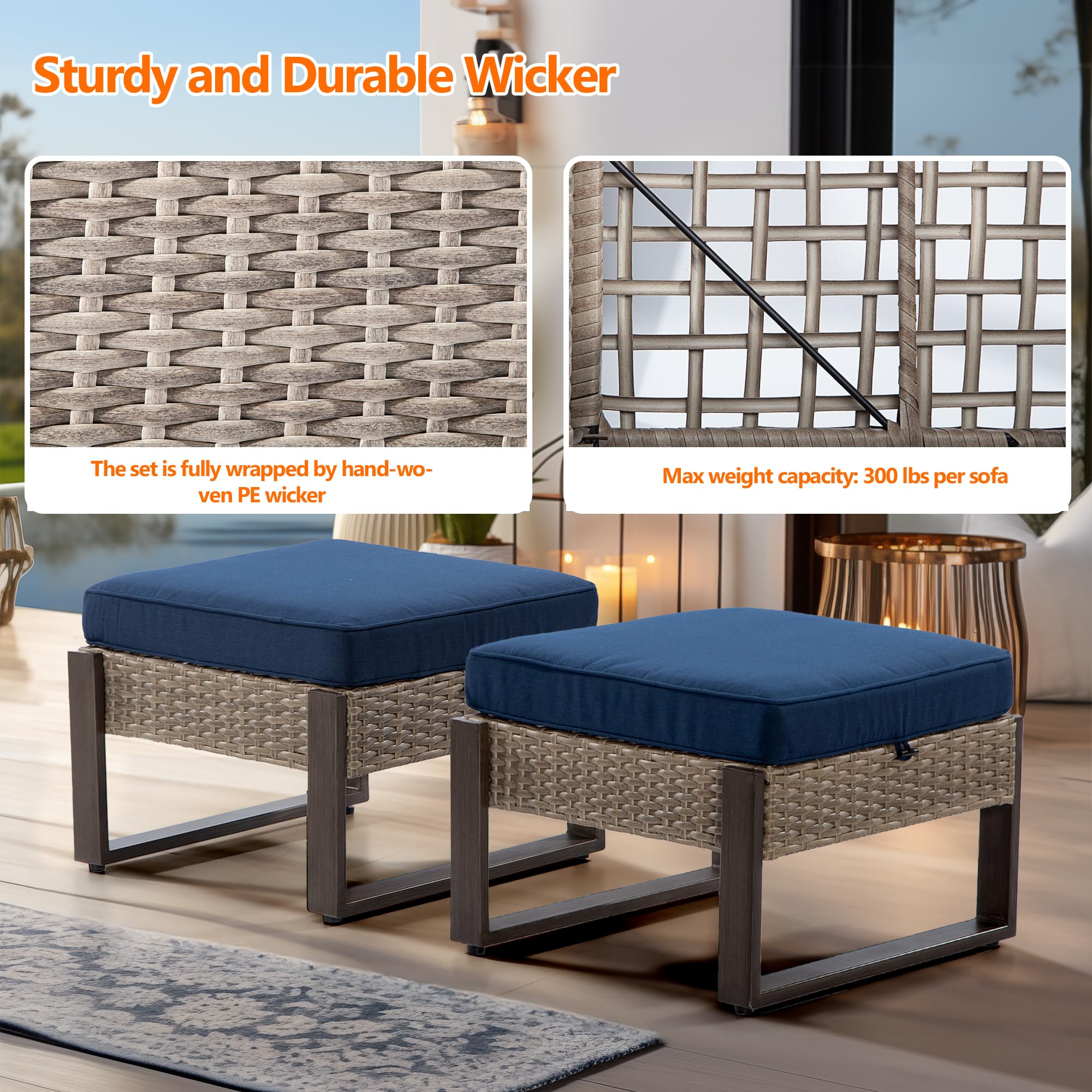 2-Piece Outdoor Patio Ottoman Set - All-Weather PE Rattan Footstools with Removable Cushions & Rust-Proof Steel Frame - Perfect for Garden, Backyard, Porch & Deck (Dark Blue) - Great for Relaxing, Entertaining & Outdoor Lounging