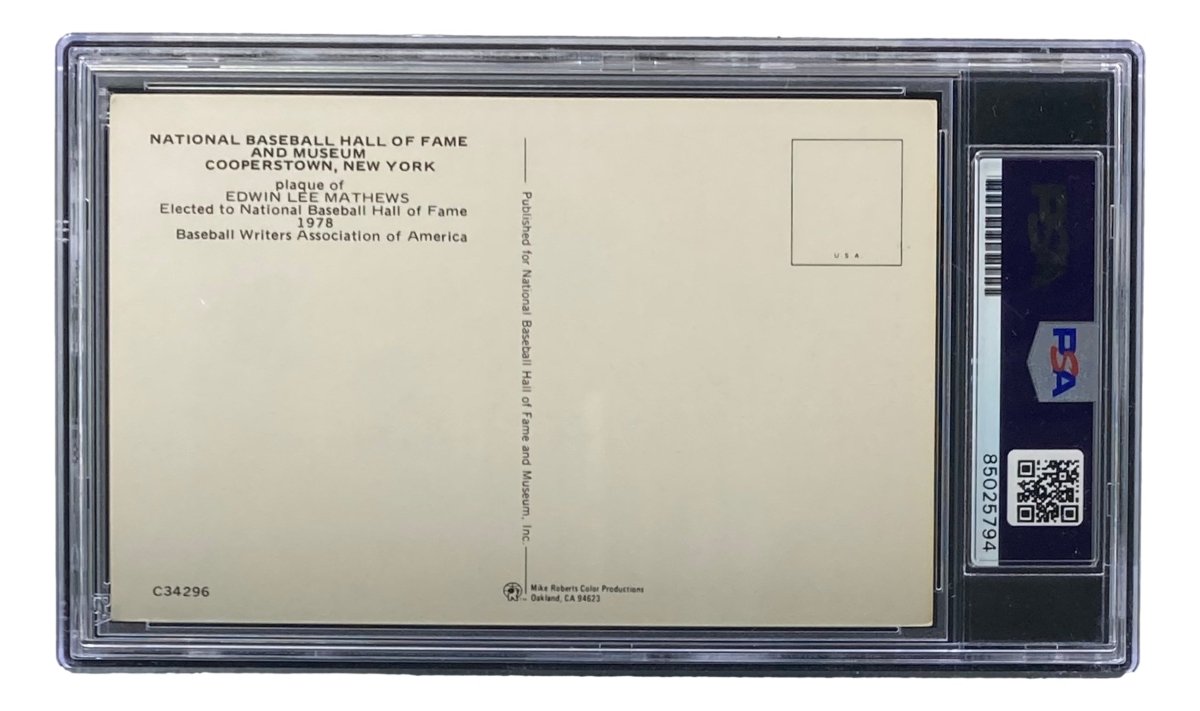 Authentic Eddie Mathews Signed 4x6 Milwaukee Braves HOF Plaque Card - PSA/DNA Certified #85025794 - Perfect for Baseball Memorabilia Collections & Sports Fan Gifts