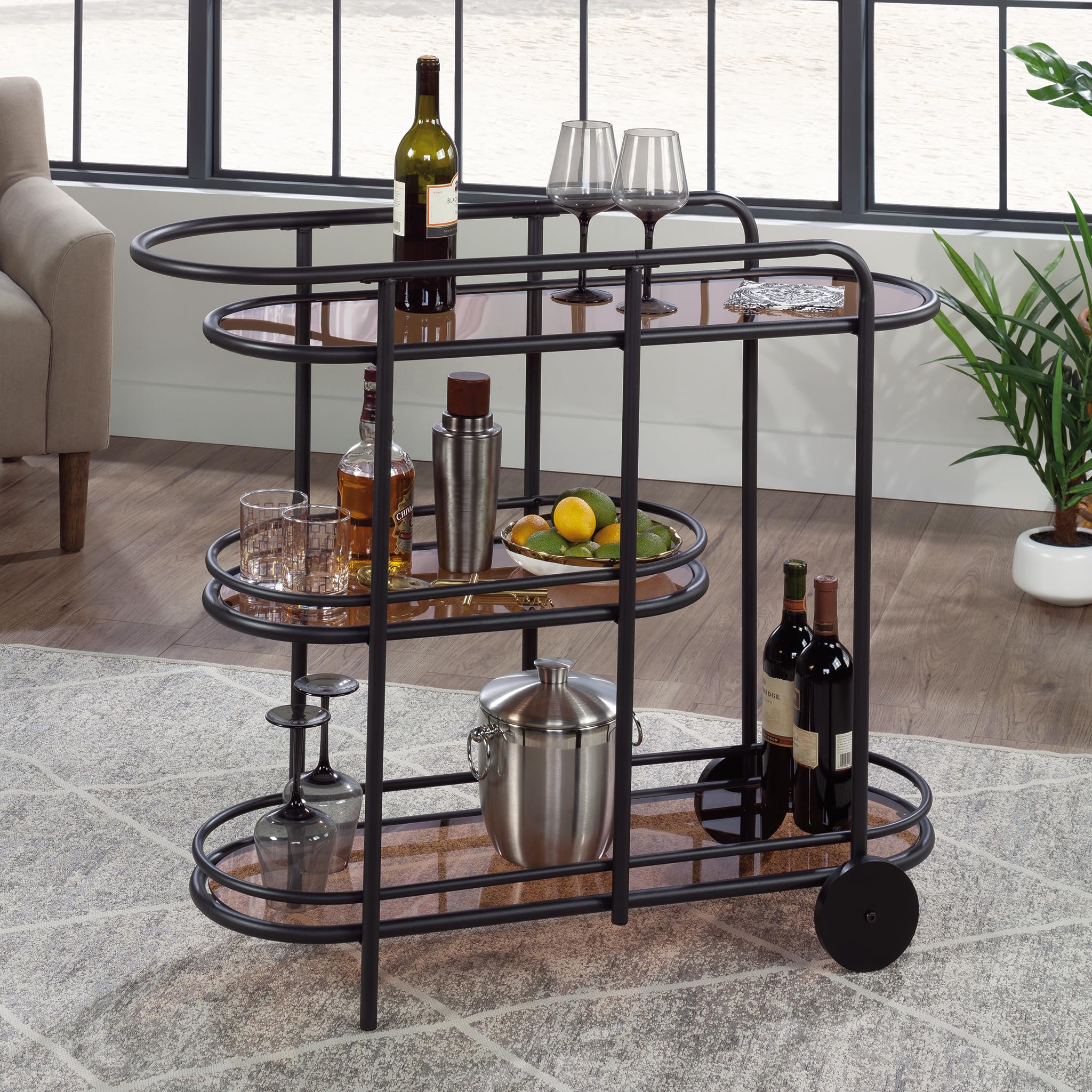 Sauder Coral Cape Bar Cart - Black Metal & Glass Rolling Drink Cart for Home, Kitchen, or Party - Perfect for Serving Cocktails, Wine, and Beverages