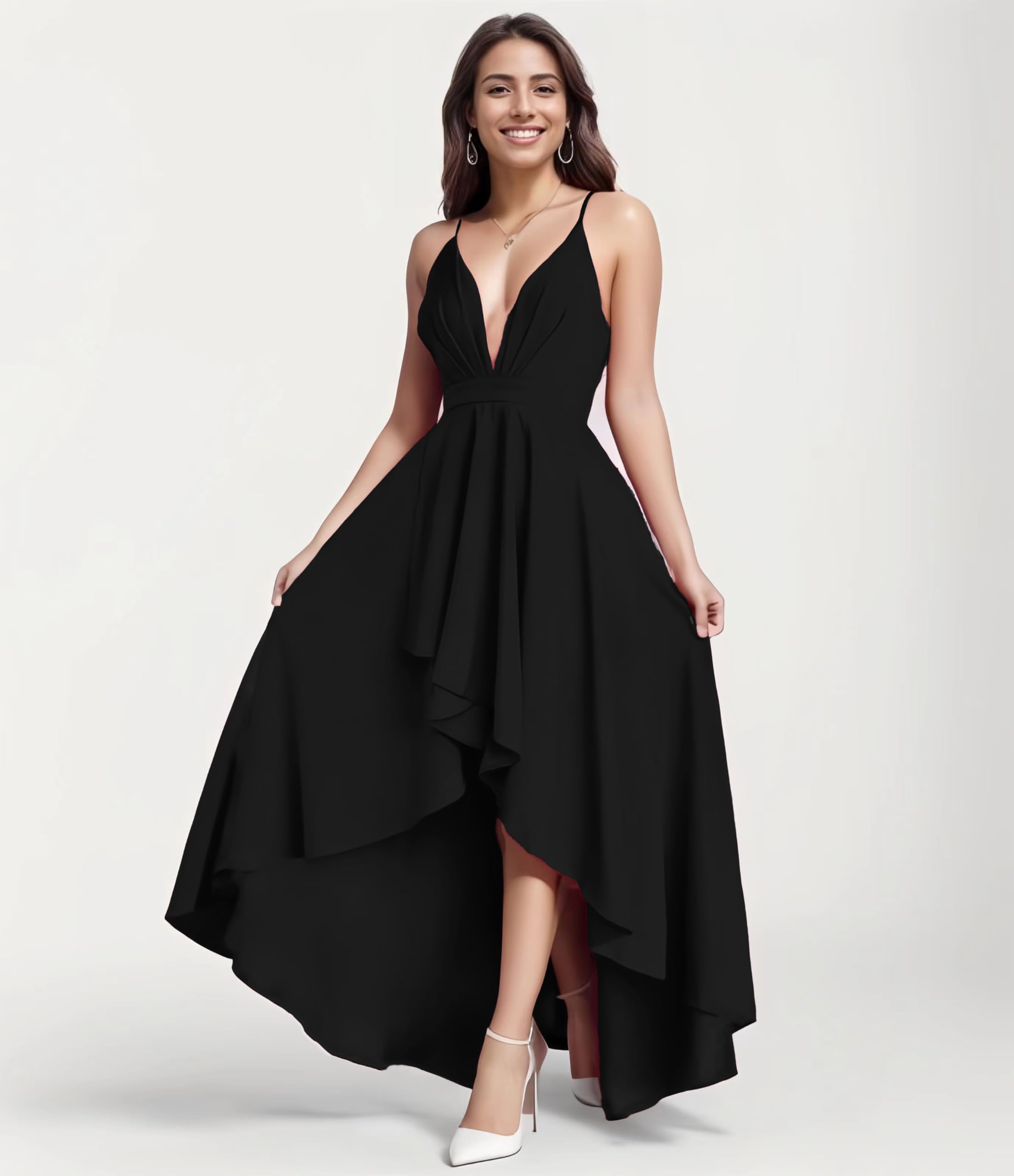 Elegant Women's Deep V-Neck Sleeveless A-Line High-Low Evening Gown - Formal Cocktail Party Dress for Weddings, Galas & Special Occasions