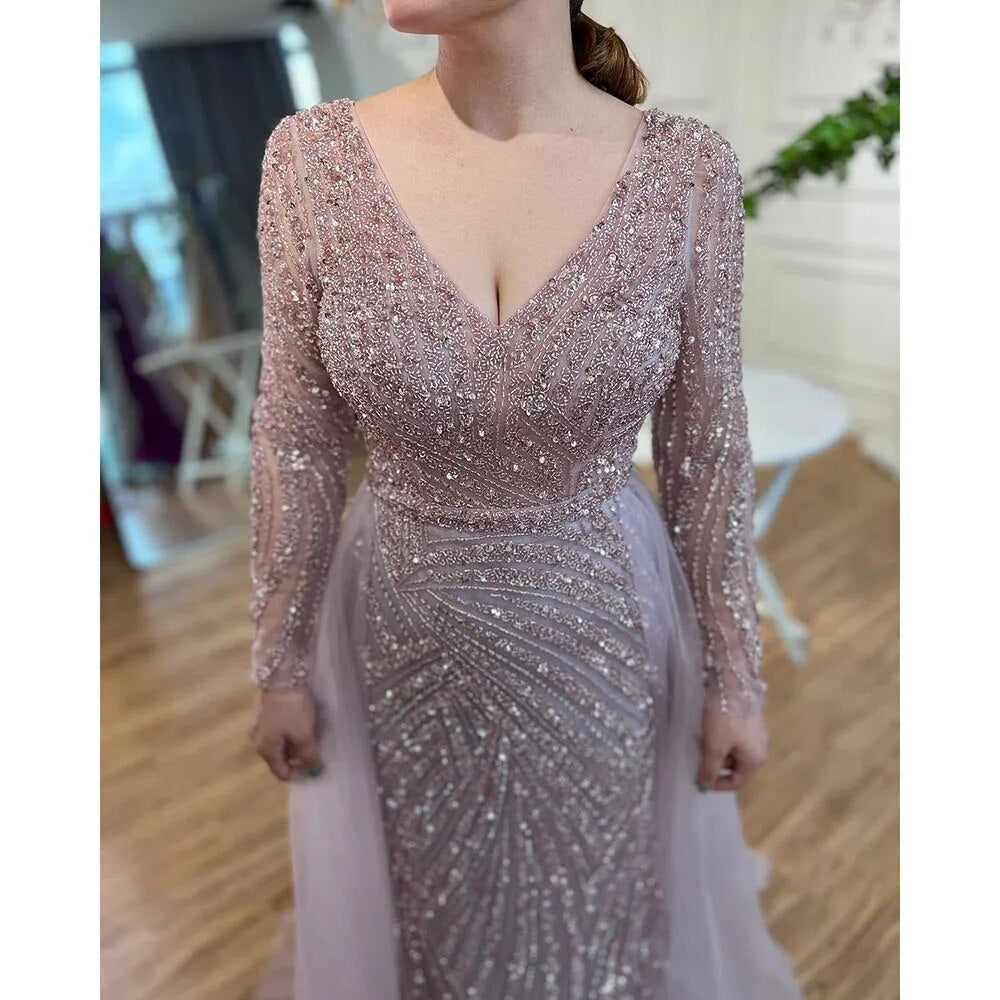 Luxury Blue Mermaid Evening Dress with Detachable Skirt - Dubai Inspired Muslim Gown for Women | Elegant Party Wear for Weddings, Galas & Special Occasions