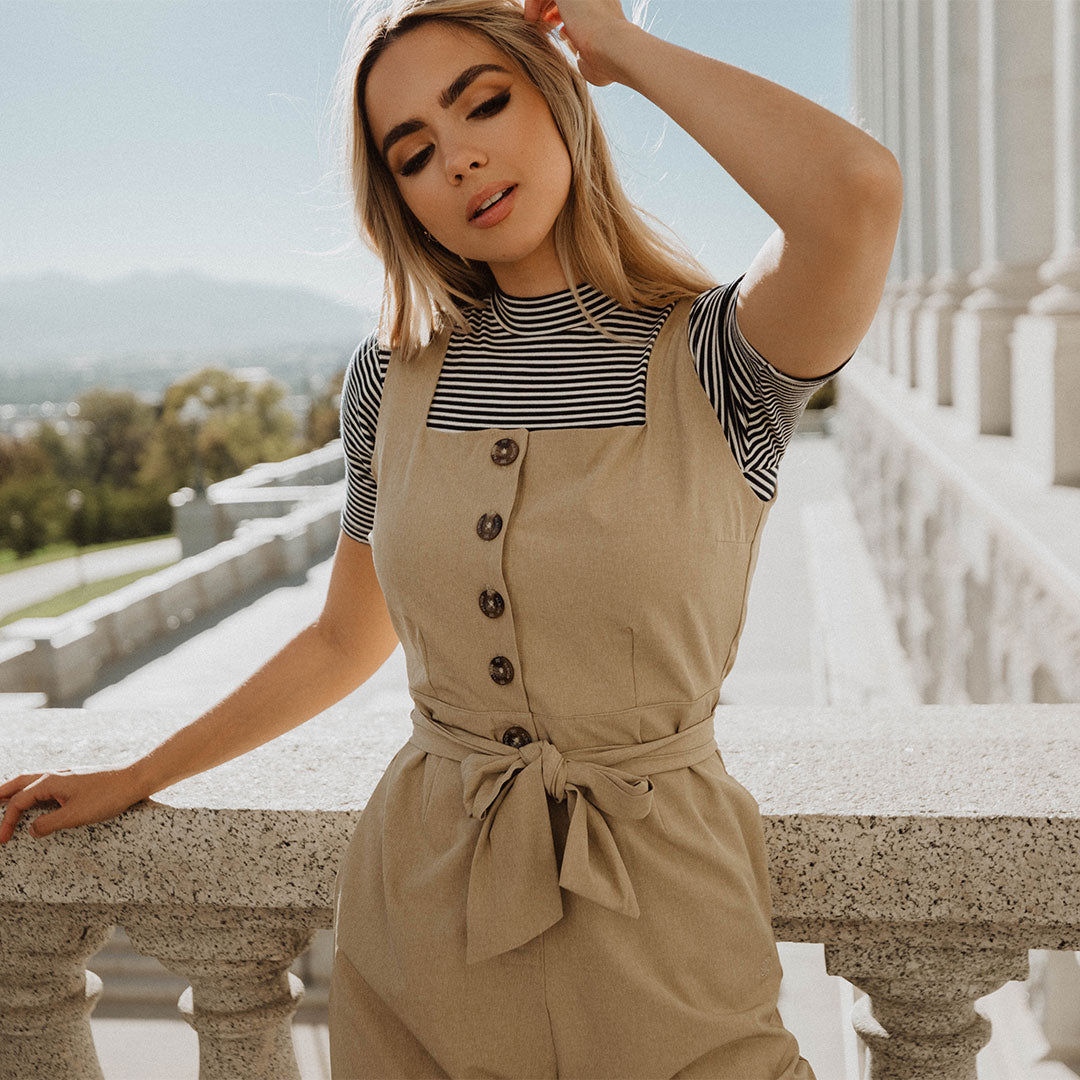 Buttoned Up Overall Jumpsuit for Women - Heather Khaki Denim Romper with Adjustable Straps | Casual Outfit for Streetwear, Workwear & Outdoor Activities
