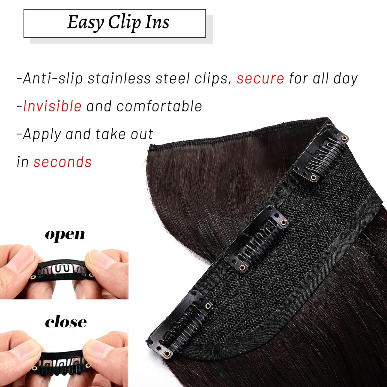 Majik Straight 24-Inch Dark Brown Human Hair Extensions with 5 Clips - 100g Natural Look & Feel for Women & Girls - Perfect for Daily Wear, Parties & Special Occasions