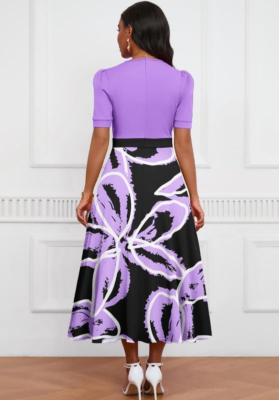 Women's Midi Dresses - V Neck A-Line Swing Dress for Cocktail Party, Church & Tea Time - Short Sleeve Flowy Summer Dress | Perfect for Weddings, Brunch & Office Wear