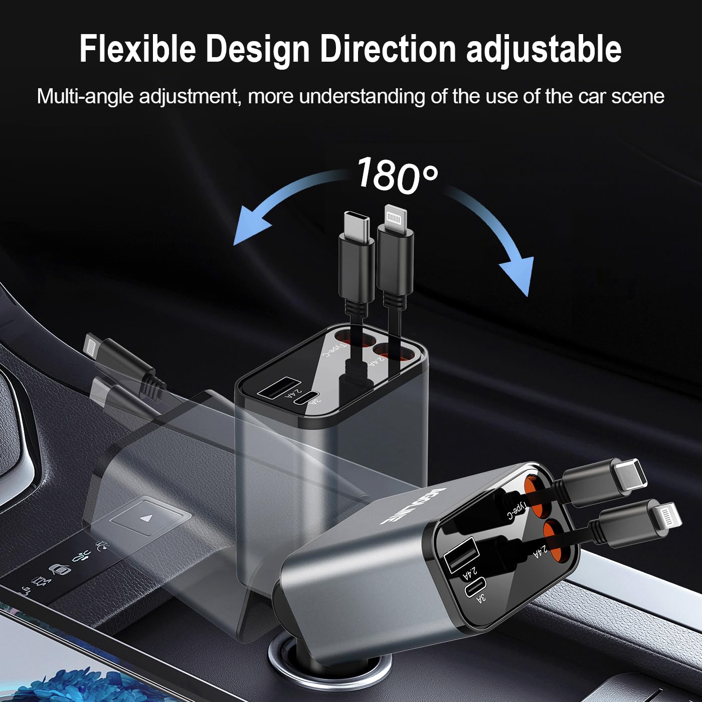 Retractable 4-in-1 Fast Car Charger with 2.6ft Cables & USB/Type-C Ports - Compatible with iPhone 16/15/14/13 Pro Max, Galaxy, Pixel - Perfect for Road Trips, Commuting & Emergency Phone Charging