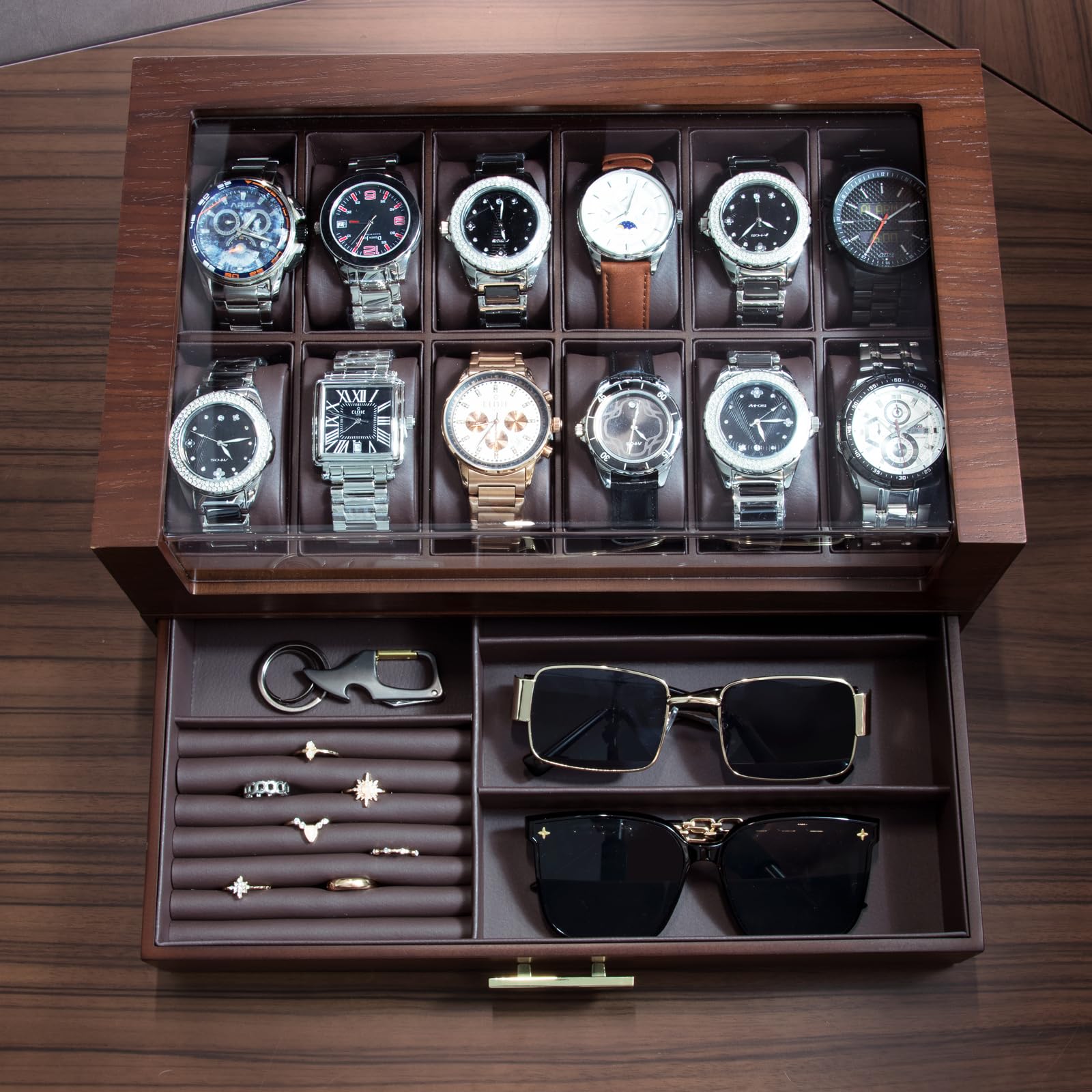 Luxury 12-Slot Wooden Watch Box with Glass Lid & Drawer - 2-Layer Watch Display Case for Men & Women - Premium Jewelry and Watch Storage Organizer - Perfect Gift for Watch Collectors (Ideal for Home, Office, or Travel Use)