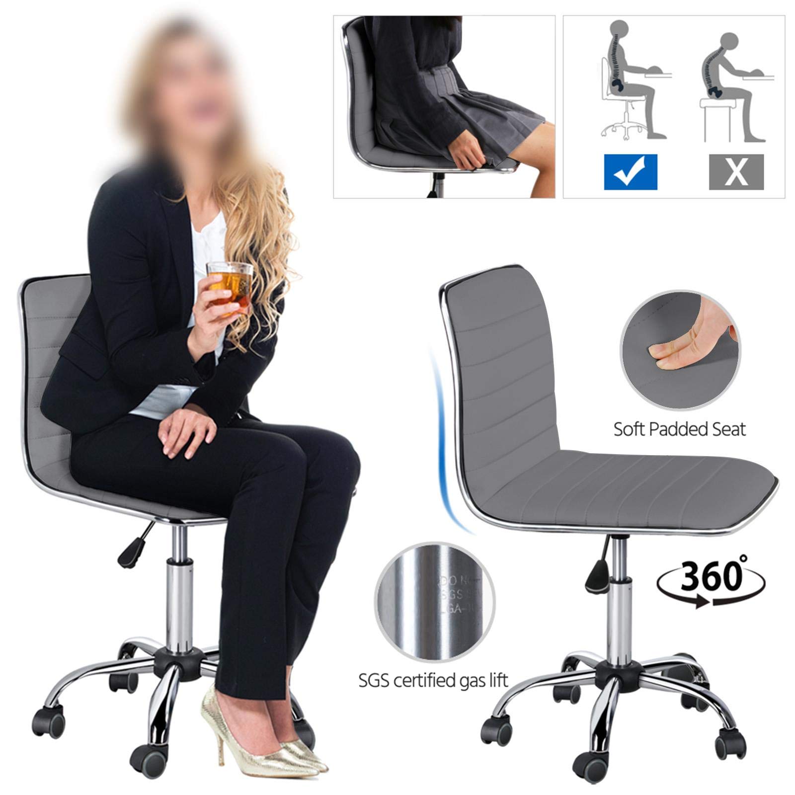 Yaheetech 2-Piece Armless Office Chair Set - Modern Adjustable Low-Back Swivel Task Chair with Rolling Wheels, Gray Leather - Perfect for Home Office, Makeup Vanity & Small Workspaces