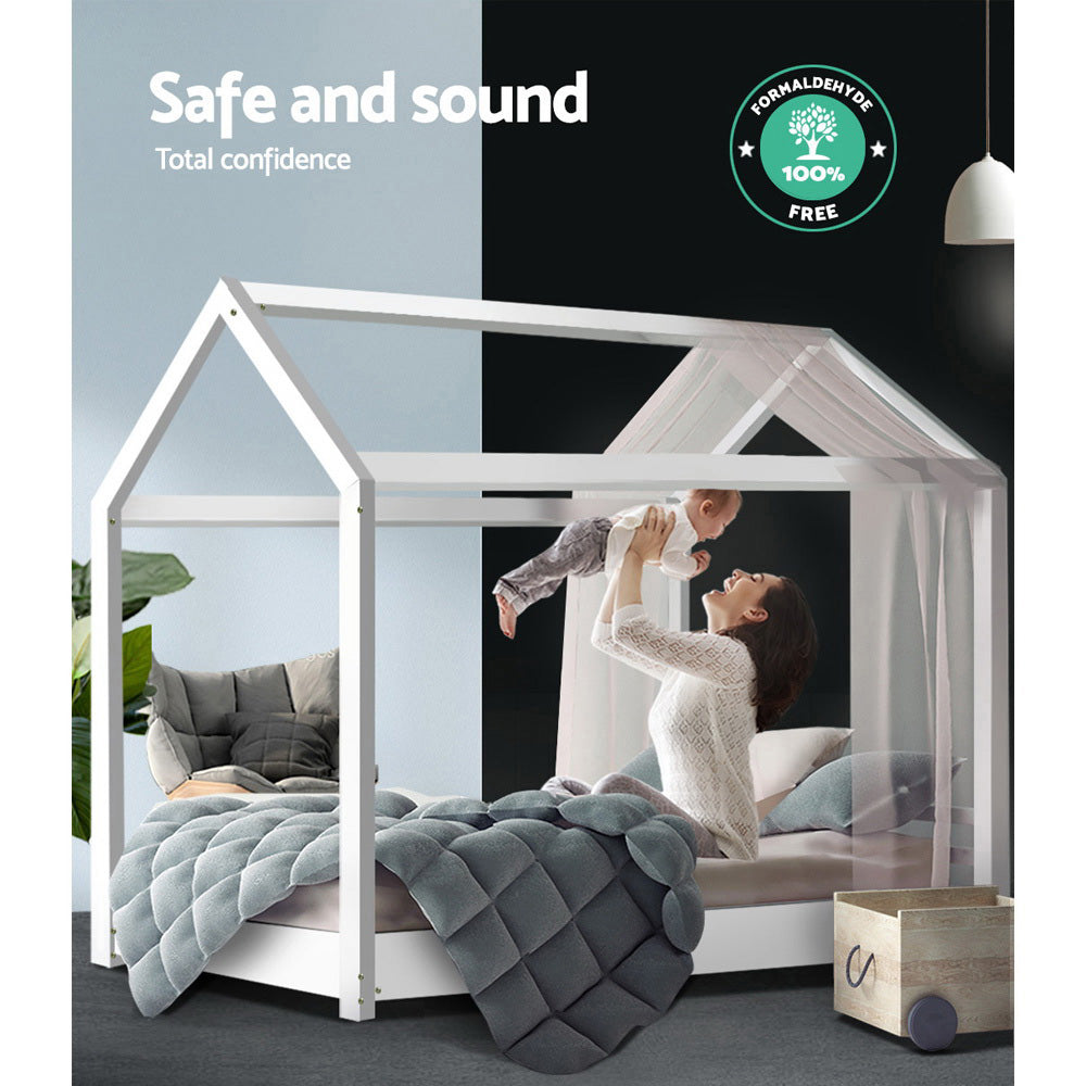 White Wooden Single Bed Frame for Kids - Perfect for Children's Bedrooms, Playrooms & Cozy Sleep Spaces