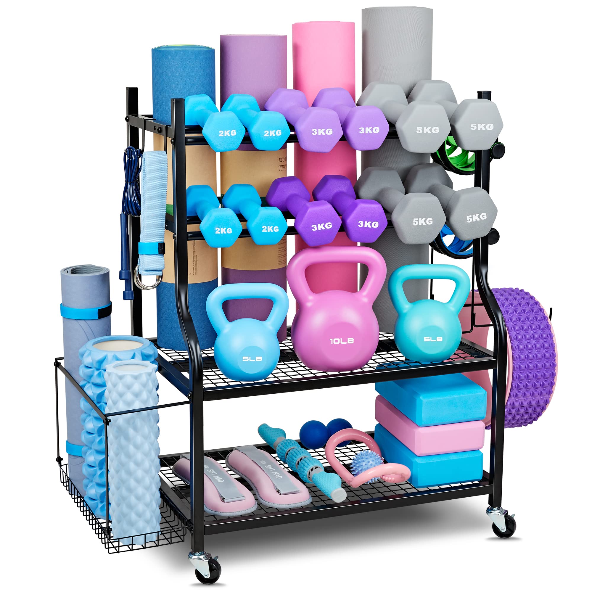 Dumbbell Rack & Yoga Mat Storage Organizer - Heavy Duty Home Gym Equipment Stand for Dumbbells, Kettlebells & Exercise Mats | Space-Saving Workout Gear Storage with Wheels | Perfect for Home Gym, Garage & Fitness Studio Organization