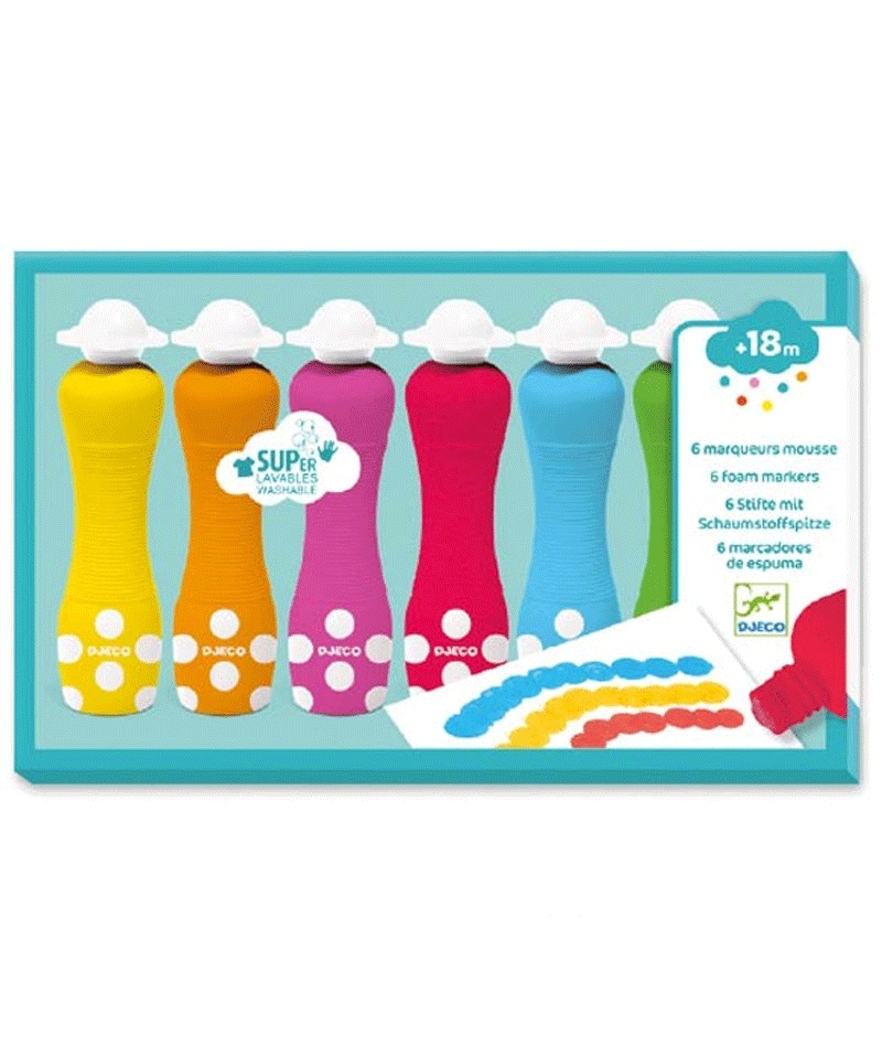 Set of 6 Washable Foam Markers for Kids by Djeco - Non-Toxic Art Supplies for Classroom, Home & DIY Craft Projects