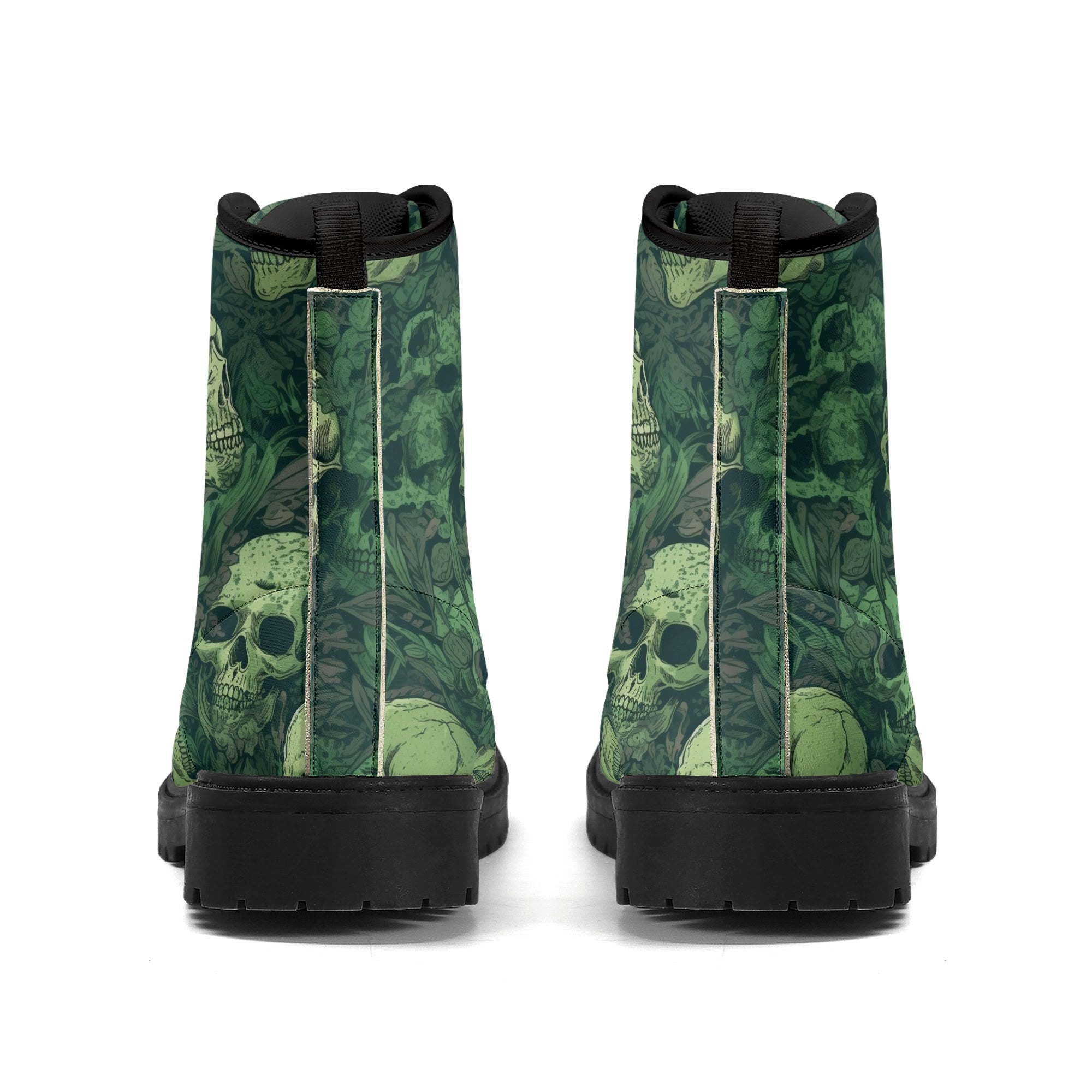 **Men's Green Skull Leather Boots with Black Outsole - Durable & Stylish for Outdoor, Motorcycle & Gothic Fashion**