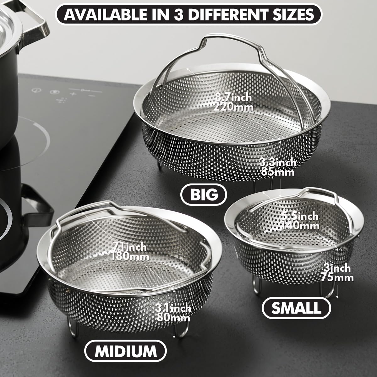 Premium SUS304 Stainless Steel Steamer Basket with Handles & Feet - 7.1