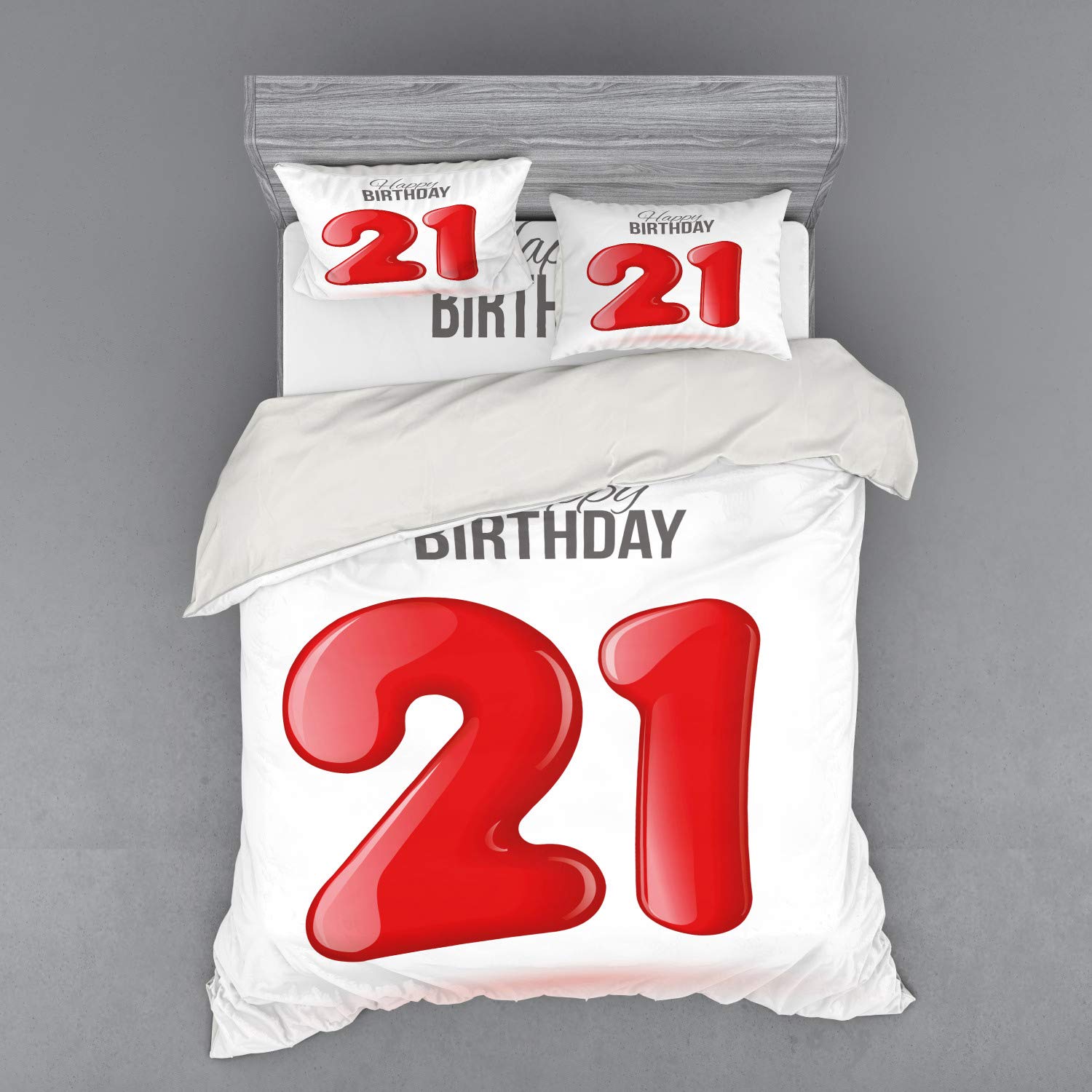 Ambesonne 21st Birthday Duvet Cover Set - Handwritten Style Happy Birthday Text Teen Party Theme 4-Piece Bedding Set with Shams & Fitted Sheet, Queen Size Charcoal Grey White Red - Perfect for Birthday Celebrations, Dorm Room Decor & Gift Ideas