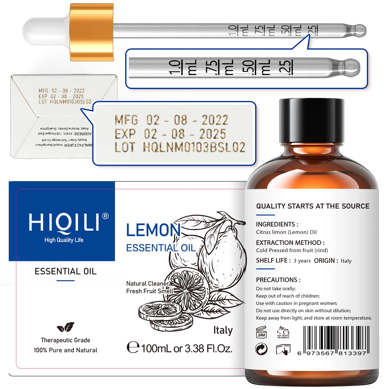 HIQILI 100% Pure Lemon Essential Oil - 3.38 Fl Oz (100ml) for Aromatherapy, Natural Cleaning, Skin Care & Air Freshening | Perfect for Diffusers, Homemade Cleaners, Body Lotions & Room Sprays | Refresh Home, Boost Mood & Purify Air