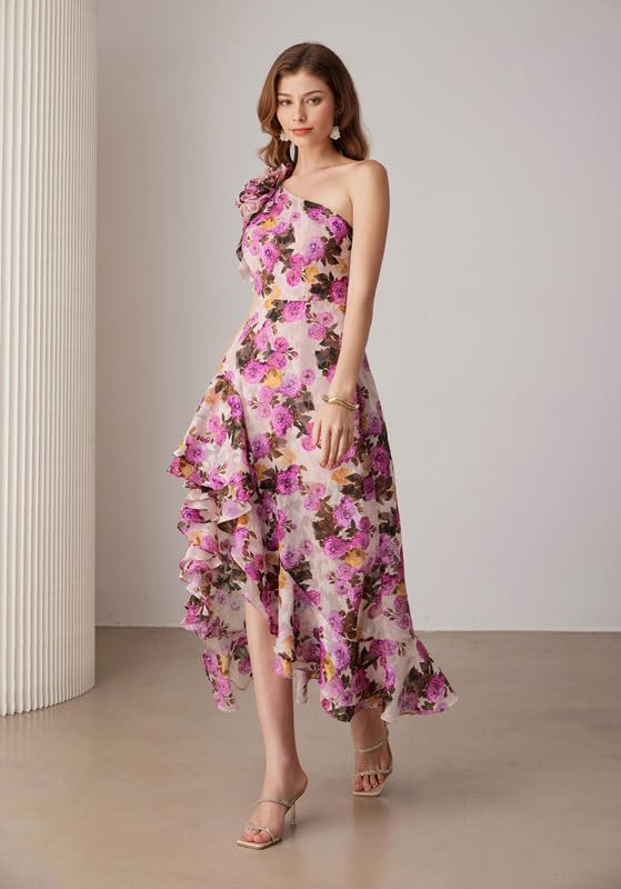 GRACE KARIN Women's Floral One Shoulder Ruffle Maxi Dress - Summer Sleeveless High-Low Sundress for Wedding Guest & Beach Vacation