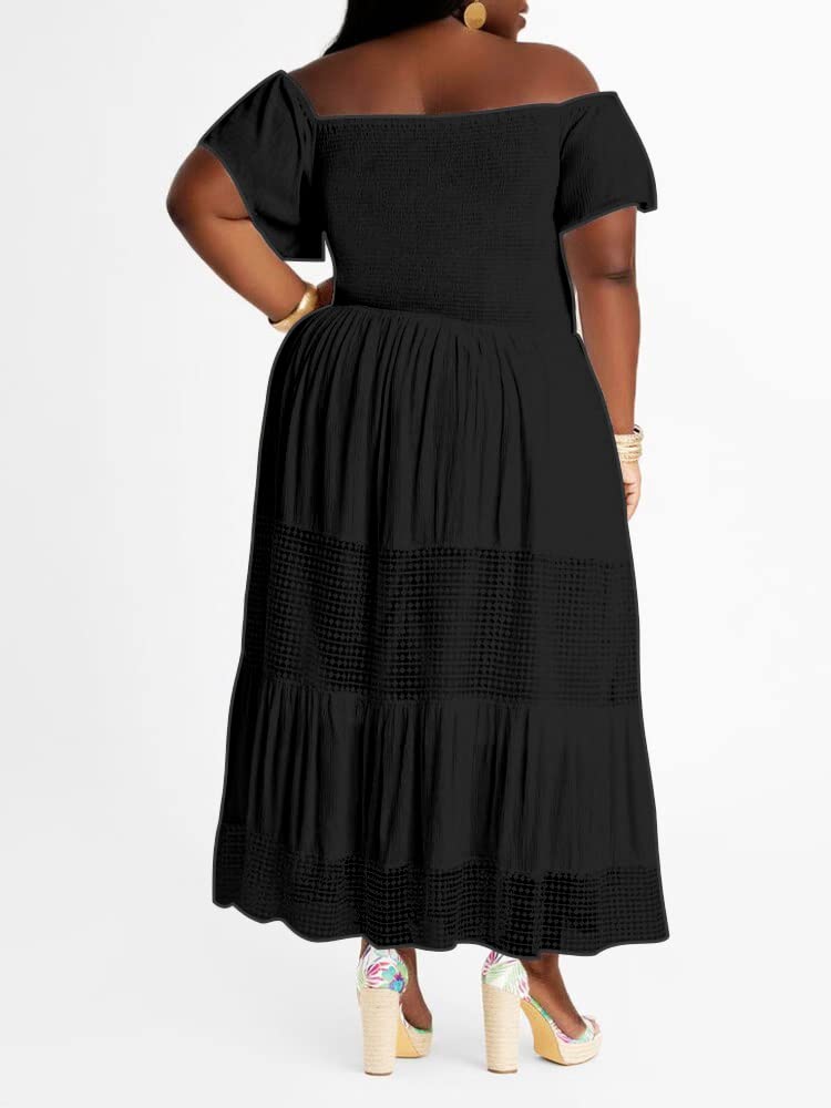 **IWFEV Plus Size Lace Dress - Boat Neck Short Sleeve High Waist Maxi Dress for Women, Elegant Evening Gown for Parties, Weddings & Special Occasions**