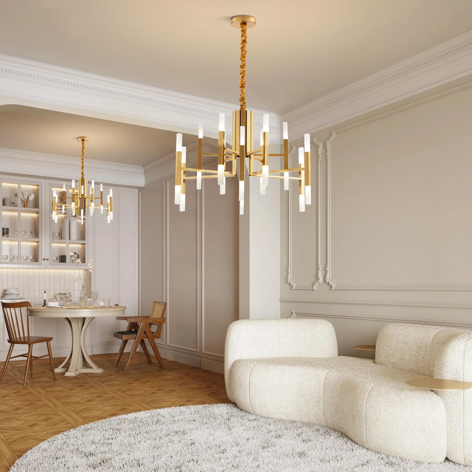 BOKT 24-Light Gold Sputnik Chandelier - Brushed Brass LED Ceiling Light Fixture, Adjustable Height Flush Mount Pendant Lamp for Kitchen Island, Living Room & Dining Room | Modern Lighting for Home Decor & Interior Design