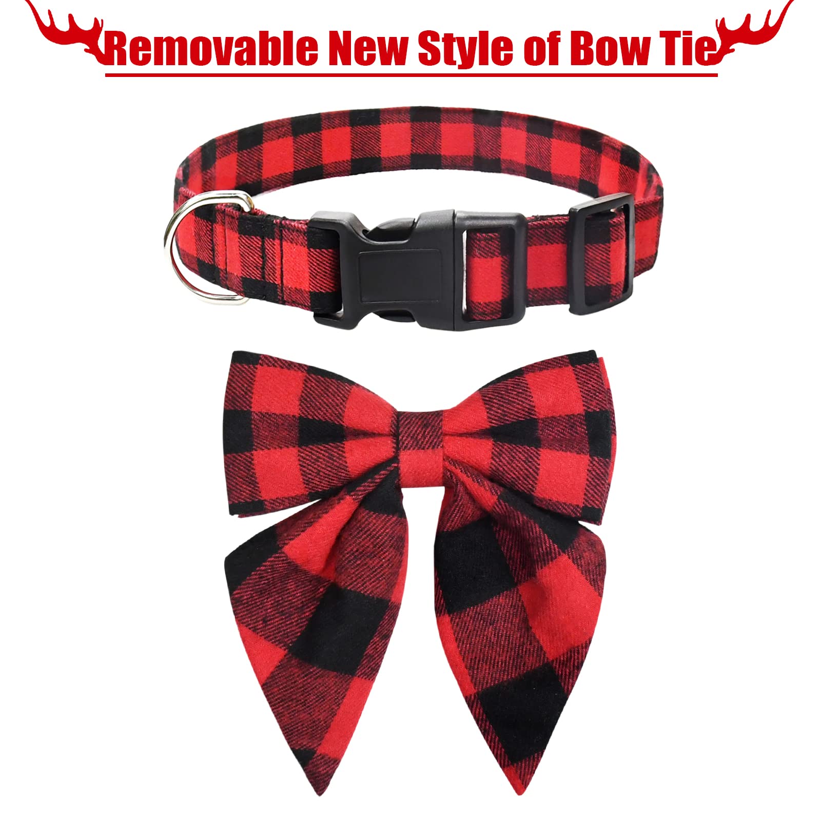 Malier Christmas Dog Collar with Bow Tie - Classic Plaid Pet Collar for Small Medium Large Dogs | Soft Durable Holiday Puppy Accessory (Red & Black, Medium) | Perfect for Christmas Photos & Festive Gatherings