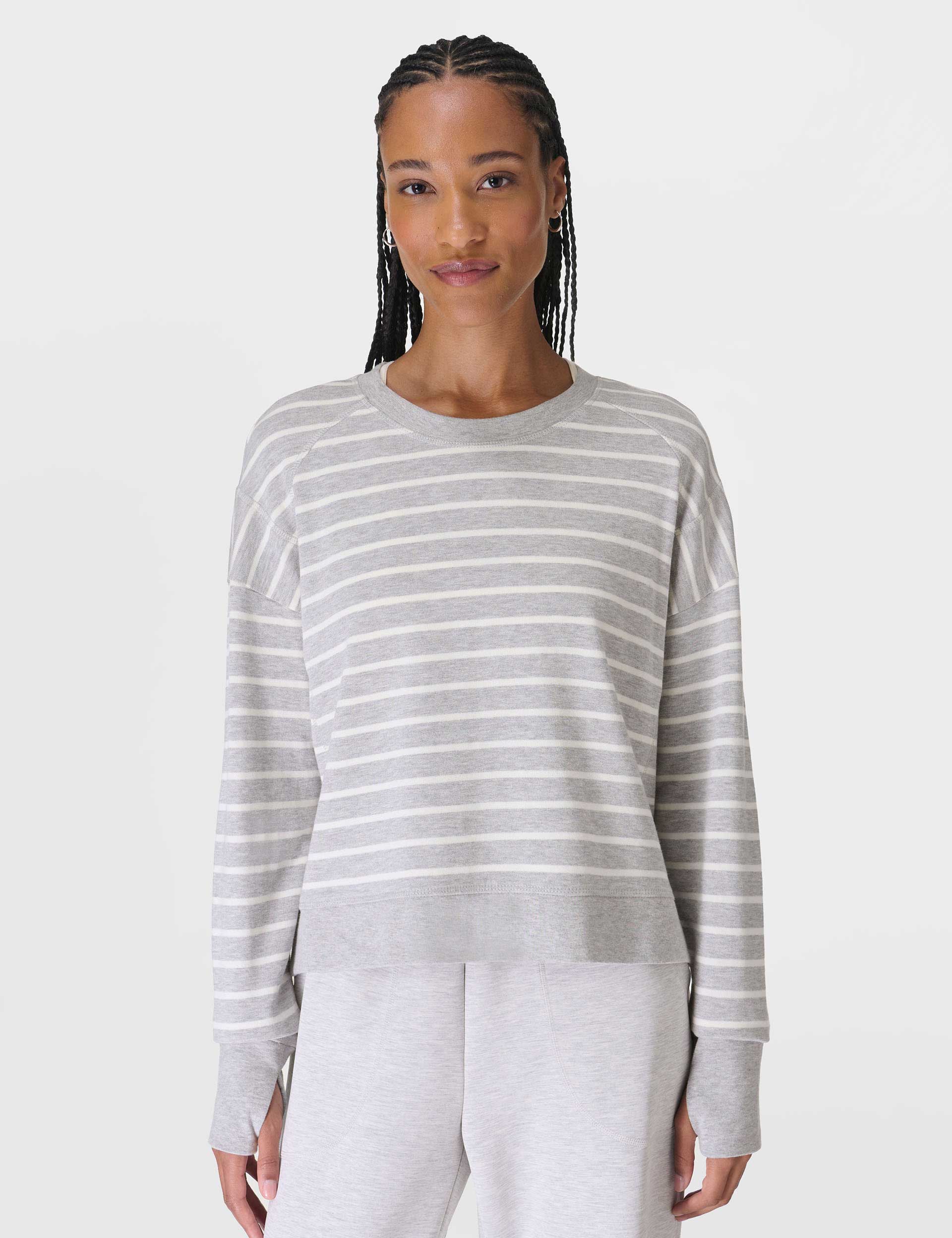 After Class Crop Sweatshirt for Women - Lily White & Light Grey Marl Stripe Pullover - Perfect for Casual Wear, Gym, and Street Style Fashion