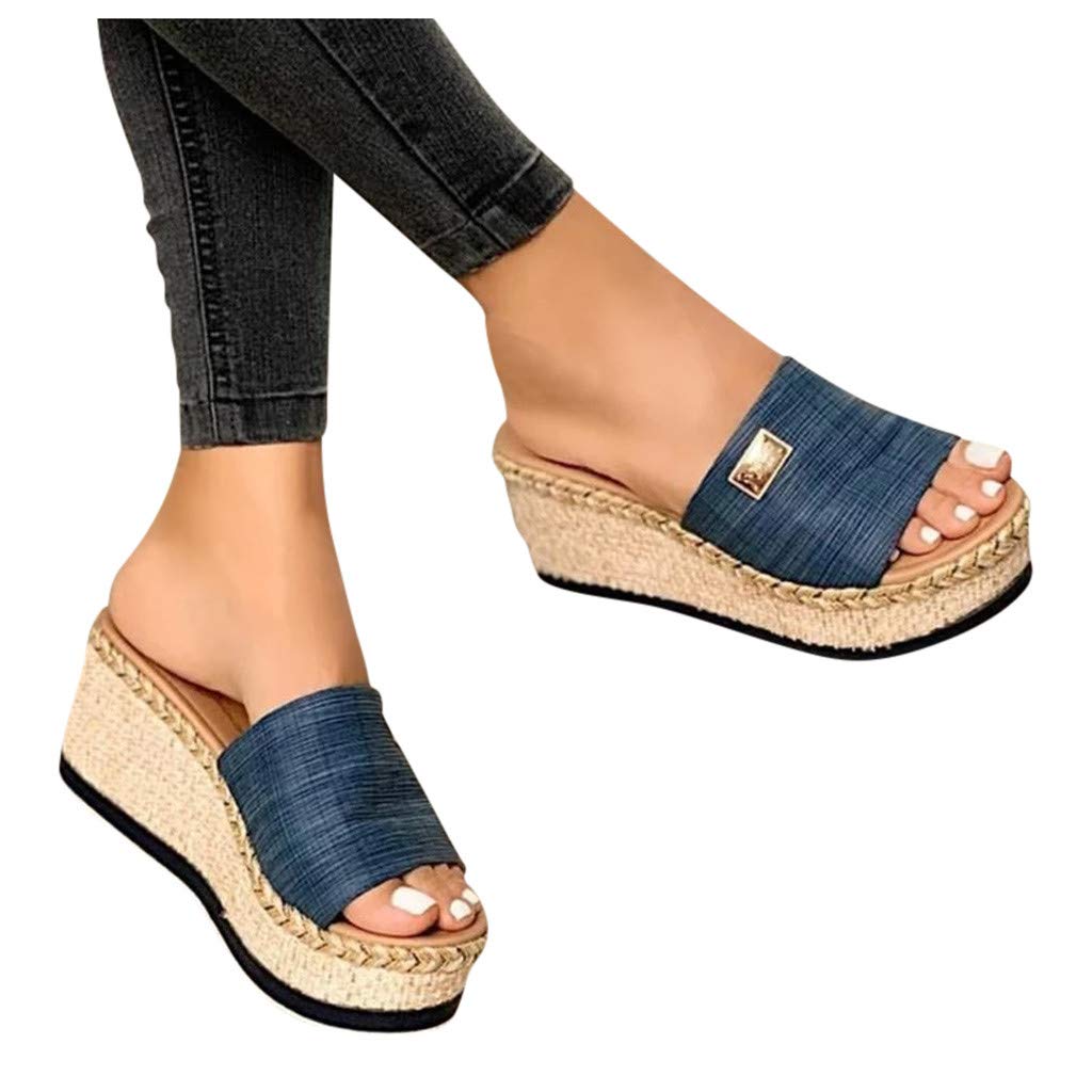 Women's Platform Sandals - Fashion Wedge Slide Sandals with Open Toe & Espadrille Design | Comfortable Casual & Dressy Slip-On Sandals for Walking, Beach, Vacation & Summer Outfits (Blue, Size 7)