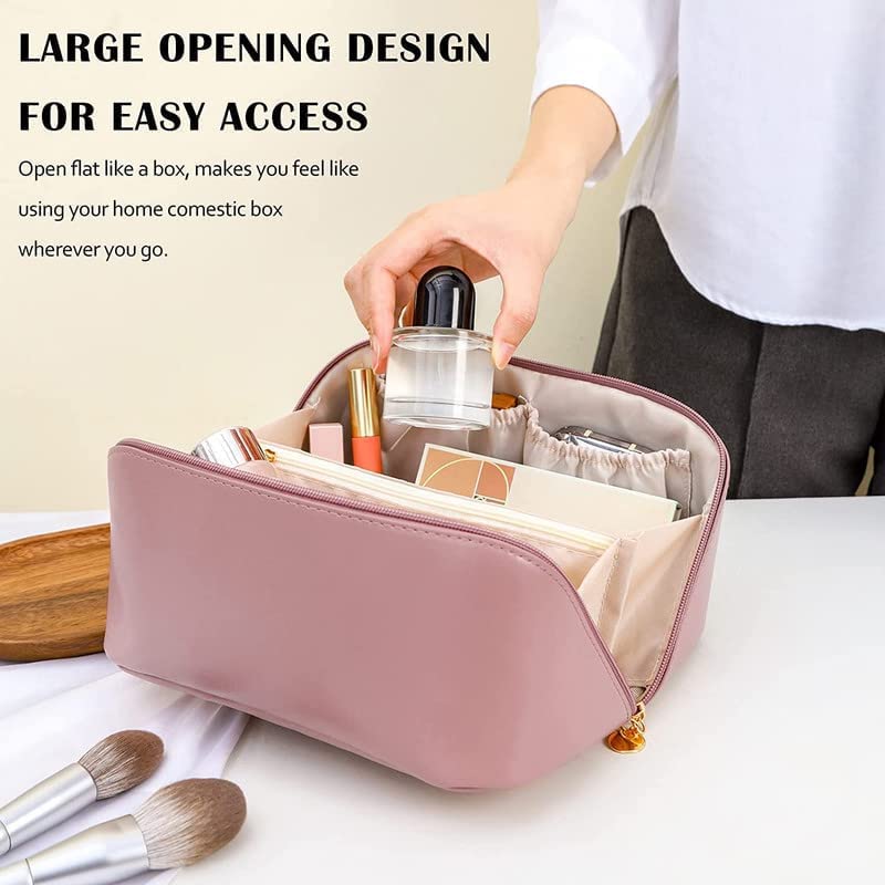 Large Capacity Waterproof PU Leather Travel Makeup Bag for Women - Pink Cosmetic Organizer with Multiple Compartments | Perfect for Vacation, Gym & Daily Use