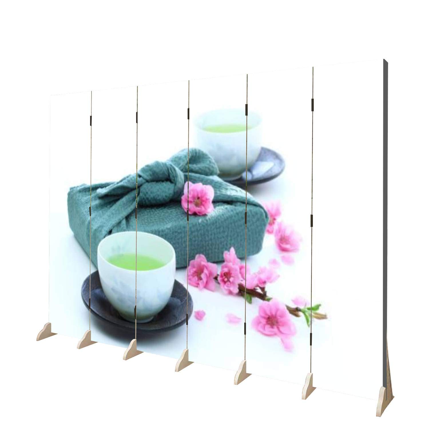 6-Panel Wooden Folding Screen Room Divider - Dual-Sided Green Tea & Peach Floral Canvas Privacy Partition with Furoshiki Wrapping Cloth | Indoor Wall Divider for Home Office, Bedroom, and Display Shelves