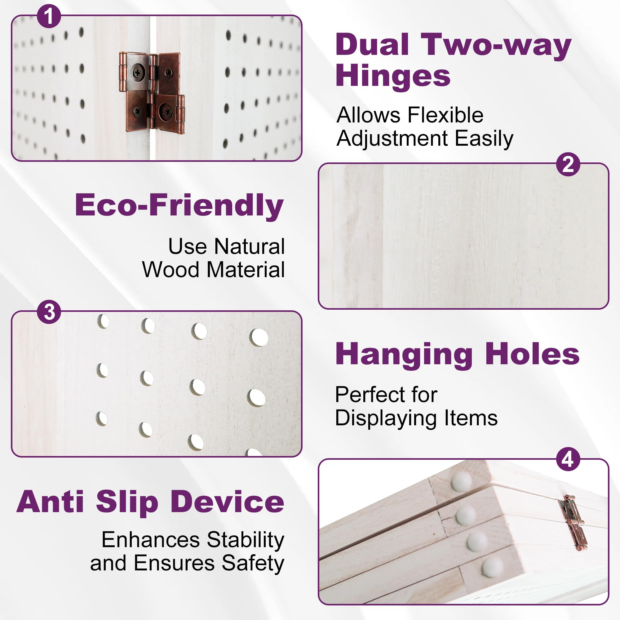 5.6FT Folding Room Divider Panel - 4 Panel Pegboard Wood Partition Wall for Home Office, Craft Shows & Room Separation - White - Perfect for Home Decor, Trade Shows & Space Organization