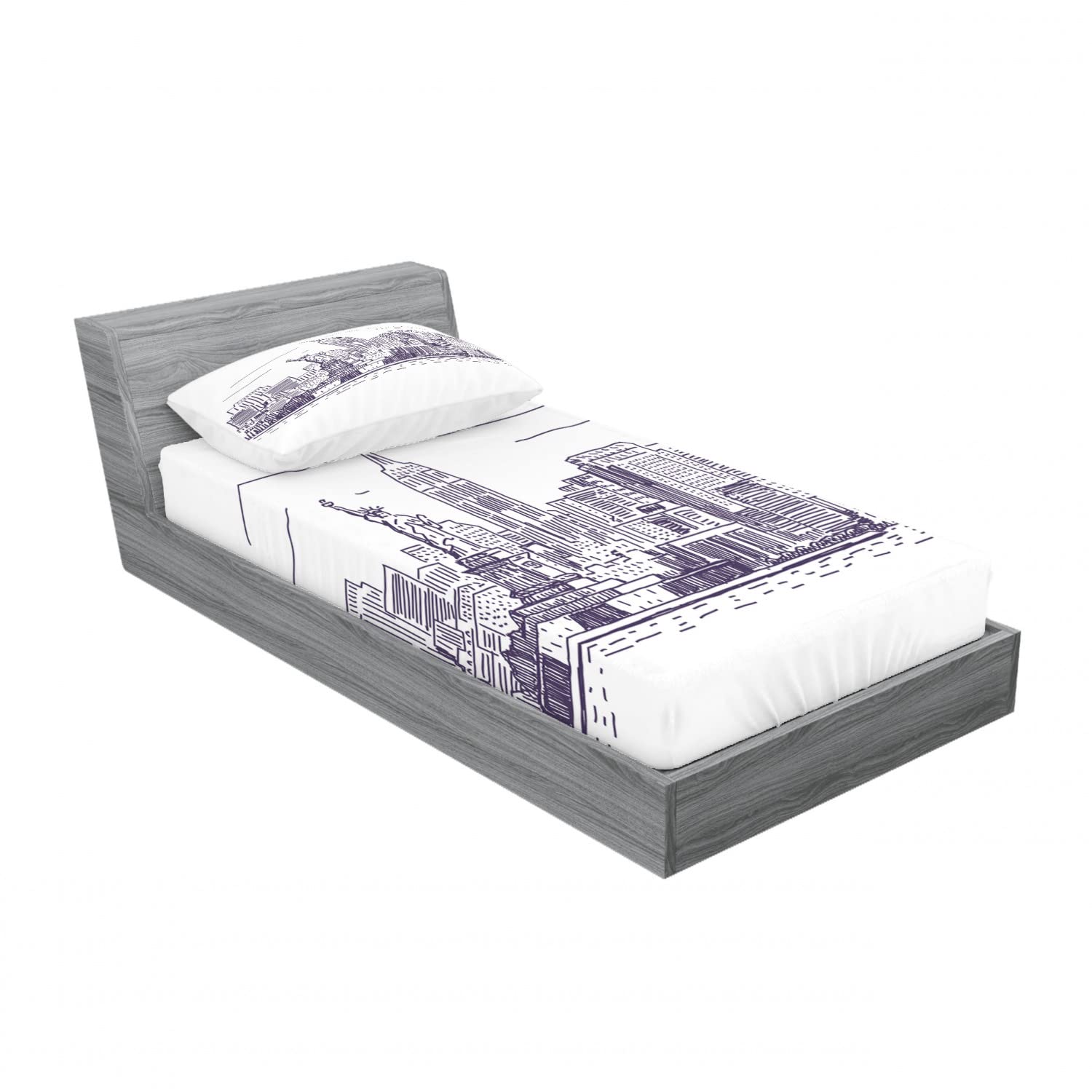 Ambesonne 2-Pack Twin Size Fitted Sheet & Pillow Sham Set - Sketchy NYC Island Design, Purple & White 4-Piece Bedding Set | Perfect for Kids Rooms, Guest Beds & Dorm Decor